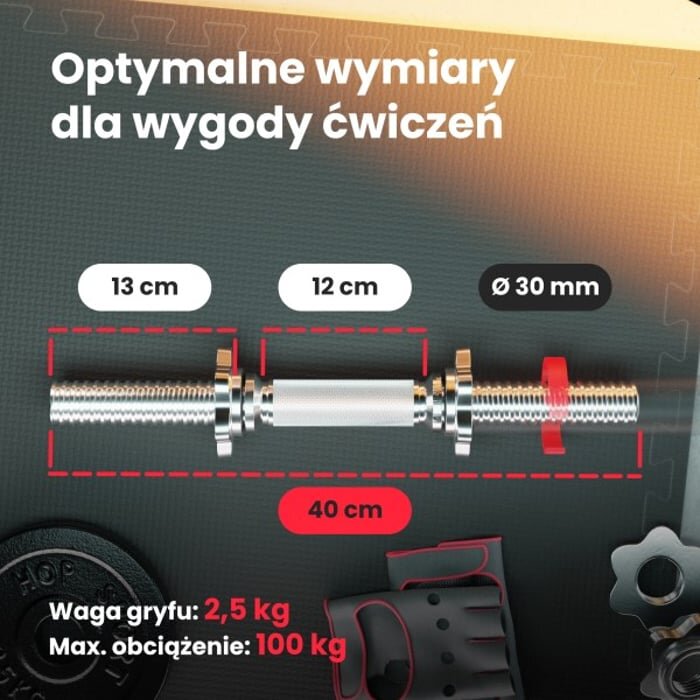 Na obrazie widoczny jest gryf z zaznaczonymi wymiarami: 13 cm, 12 cm, 40 cm oraz średnicą 30 mm. Tekst na obrazie: \'Optymalne wymiary dla wygody ćwiczeń\', \'Waga gryfu: 2,5 kg\', \'Max. obciążenie: 100 kg\'.
