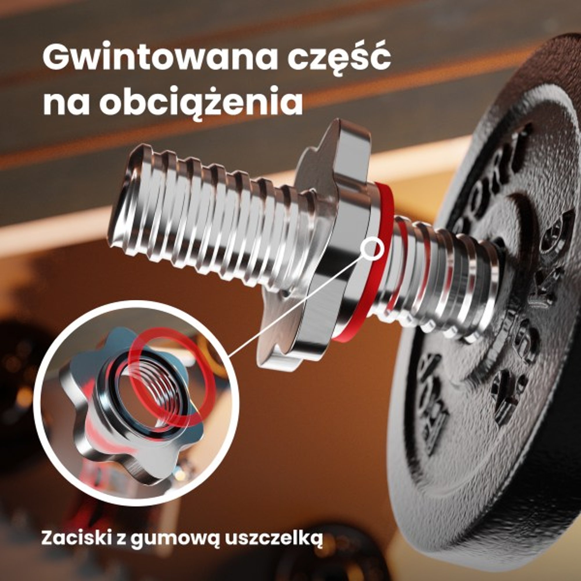 Obraz przedstawia metalowy gryf z gwintowaną częścią na obciążenia oraz zaciski z gumową uszczelką. Widoczny jest tekst: \'Gwintowana część na obciążenia\' oraz \'Zaciski z gumową uszczelką\'.