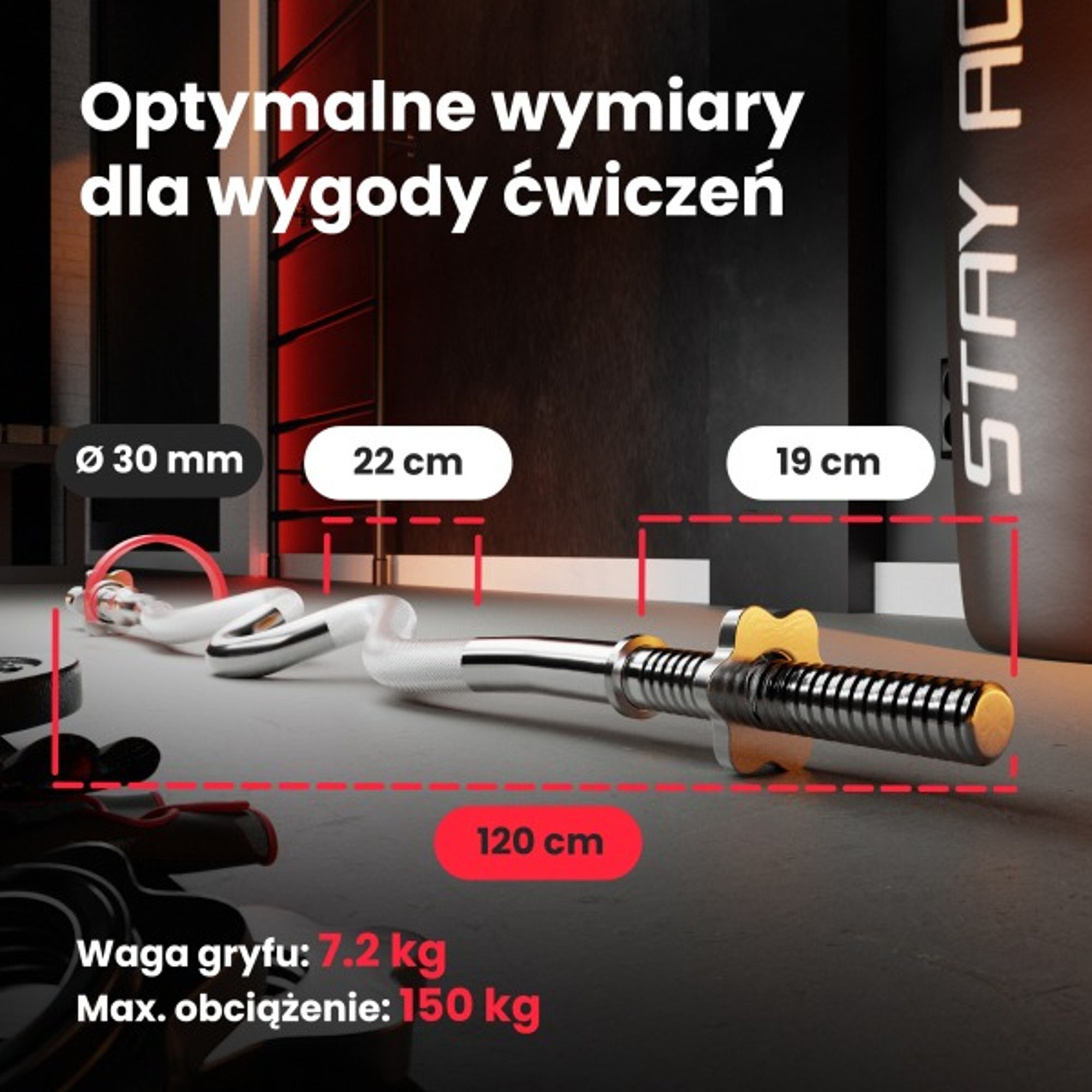 Na obrazie widoczny jest gryf z wymiarami: średnica 30 mm, długość 22 cm i 19 cm, oraz całkowita długość 120 cm. Tekst na obrazie: \'Optymalne wymiary dla wygody ćwiczeń\', \'Waga gryfu: 7.2 kg\', \'Max. obciążenie: 150 kg\'.