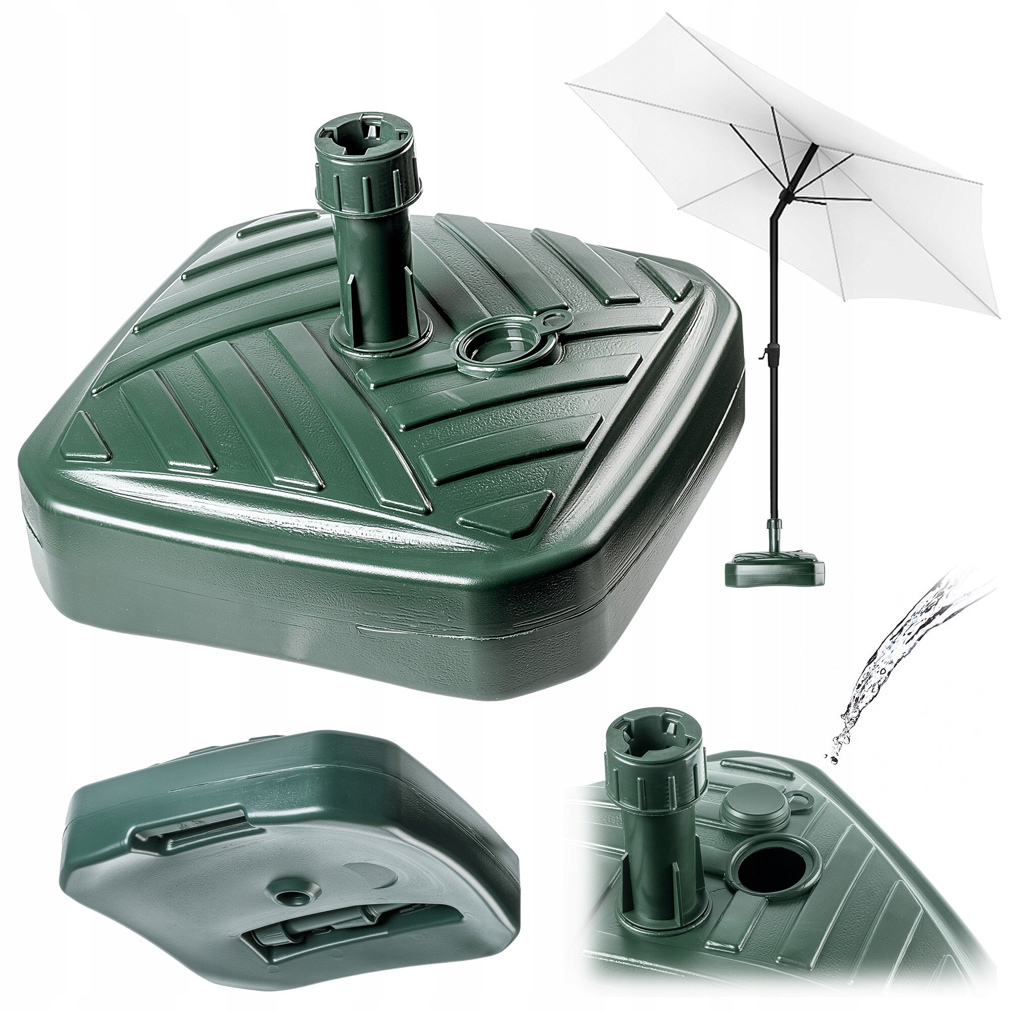 Obraz przedstawia zieloną, kwadratową podstawę do parasola ogrodowego z miejscem na włożenie masztu. W tle widoczny jest biały parasol oraz strumień wody, sugerujący możliwość napełnienia podstawy wodą.