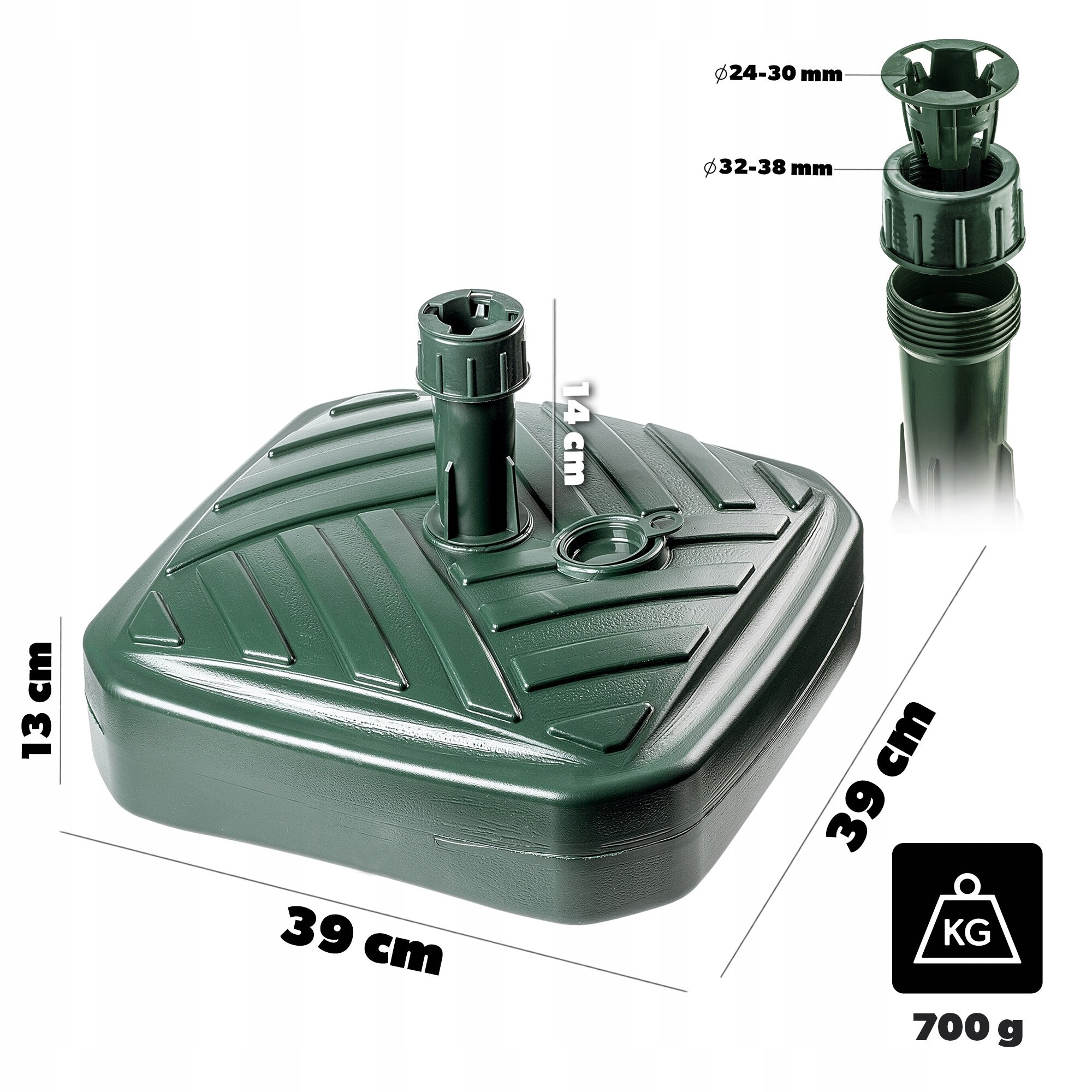 Kwadratowa podstawa parasola w kolorze zielonym o wymiarach 39 cm x 39 cm x 13 cm z widocznymi oznaczeniami średnicy otworów: 24-30 mm i 32-38 mm. Obok znajduje się symbol wagi z napisem \'700 g\'.