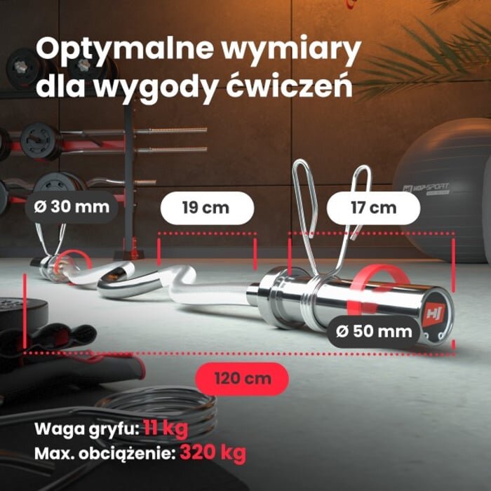 Na obrazie widoczny jest gryf olimpijski mocno łamany z tuleją obrotową, z wymiarami: długość 120 cm, średnica 50 mm, oraz inne oznaczenia: 30 mm, 19 cm, 17 cm. Tekst na obrazie: \'Optymalne wymiary dla wygody ćwiczeń\', \'Waga gryfu: 11 kg\', \'Max. obciążenie: 320 kg\'.