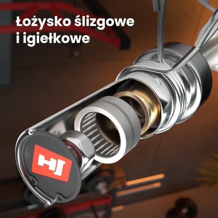Obraz przedstawia zbliżenie na wnętrze gryfu olimpijskiego z widocznymi łożyskami ślizgowymi i igiełkowymi. Na górze widoczny jest tekst: \'Łożysko ślizgowe i igiełkowe\', a na elemencie gryfu znajduje się logo z literami \'HI\'.