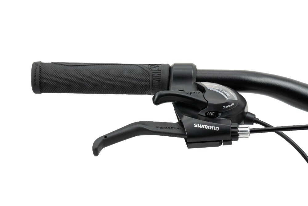 Czarny uchwyt kierownicy rowerowej z manetką przerzutek i dźwignią hamulca z napisem \'SHIMANO\'.