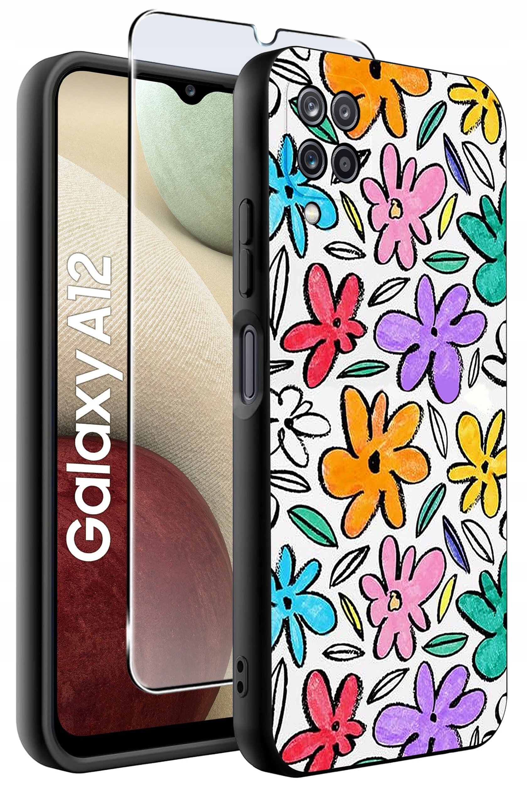 Obraz przedstawia etui na telefon z kolorowymi kwiatowymi wzorami oraz szkło ochronne. Na ekranie telefonu widoczny jest napis \'Galaxy A12\'.