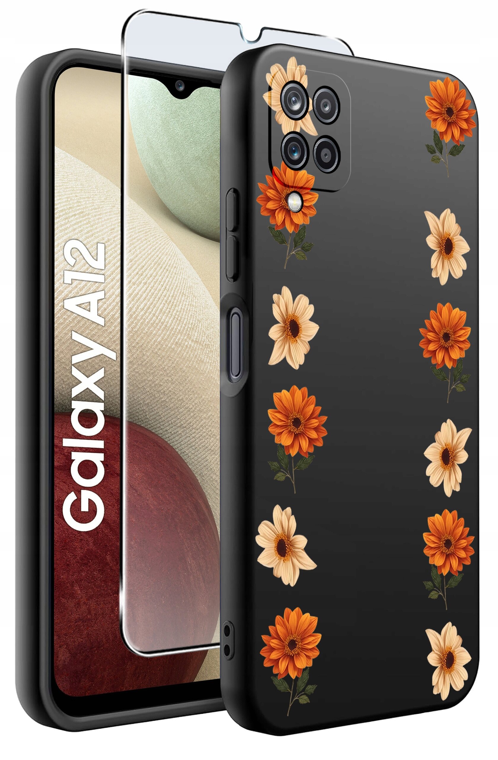 Obraz przedstawia czarne etui na telefon z wzorem pomarańczowych i beżowych kwiatów. Obok etui znajduje się szkło ochronne oraz telefon z widocznym napisem \'Galaxy A12\'.