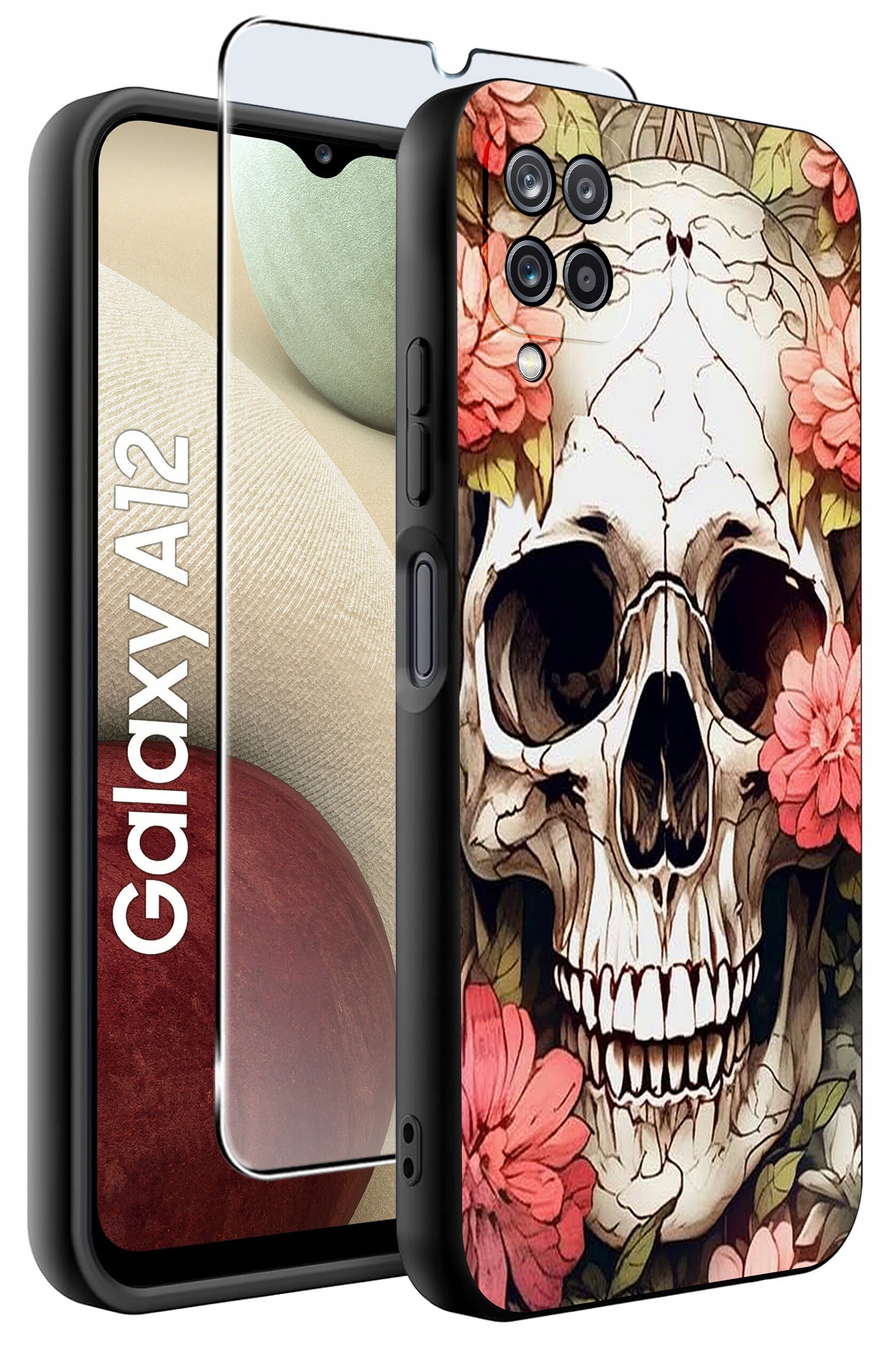 Etui na telefon z motywem czaszki otoczonej kwiatami, obok widoczna szybka ochronna. Na ekranie telefonu napis \'Galaxy A12\'.