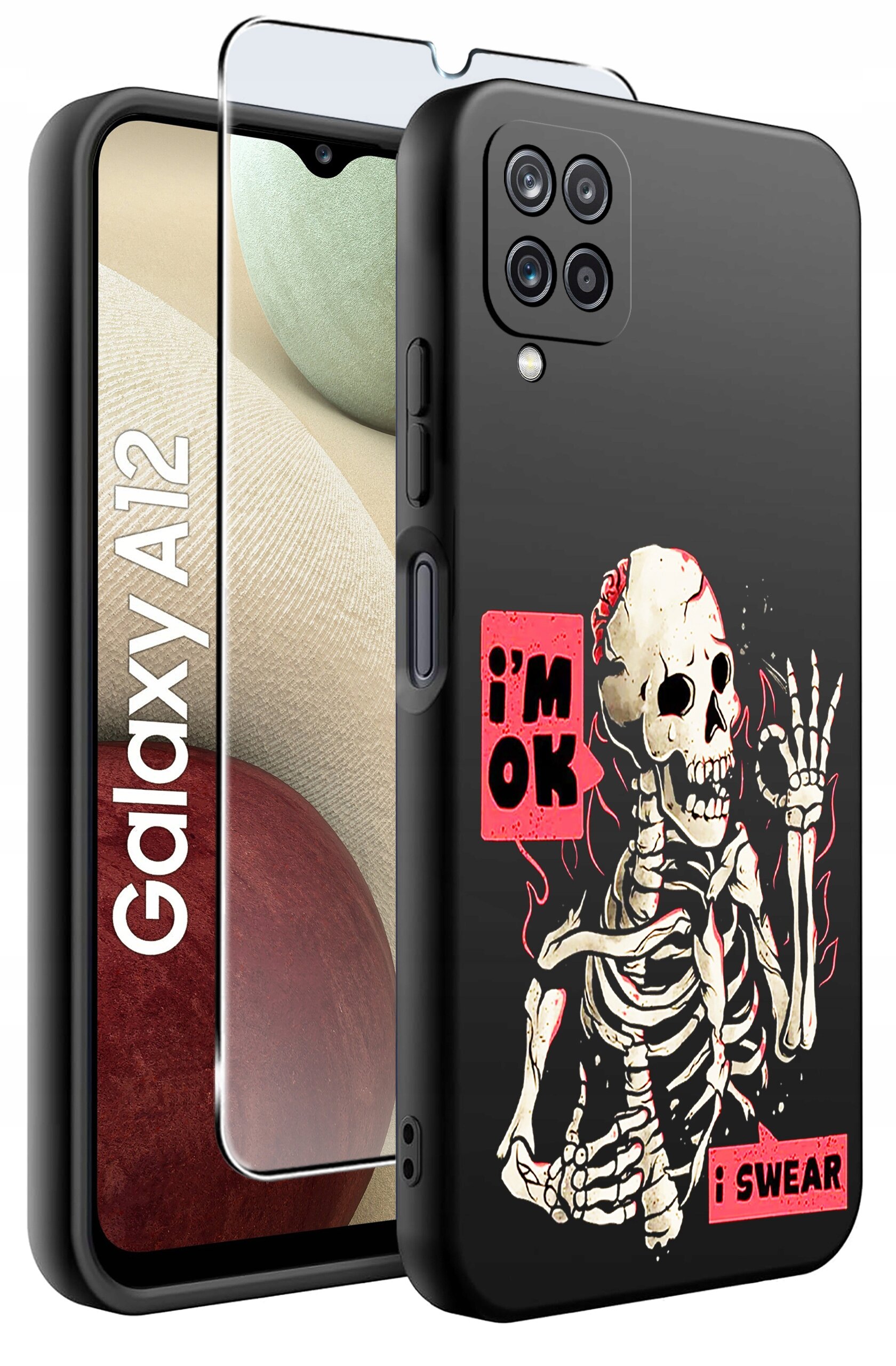 Obraz przedstawia czarne etui na telefon z nadrukiem szkieletu oraz napisami \'i\'m OK\' i \'i SWEAR\'. Obok etui znajduje się szkło ochronne, a na ekranie telefonu widoczny jest napis \'Galaxy A12\'.
