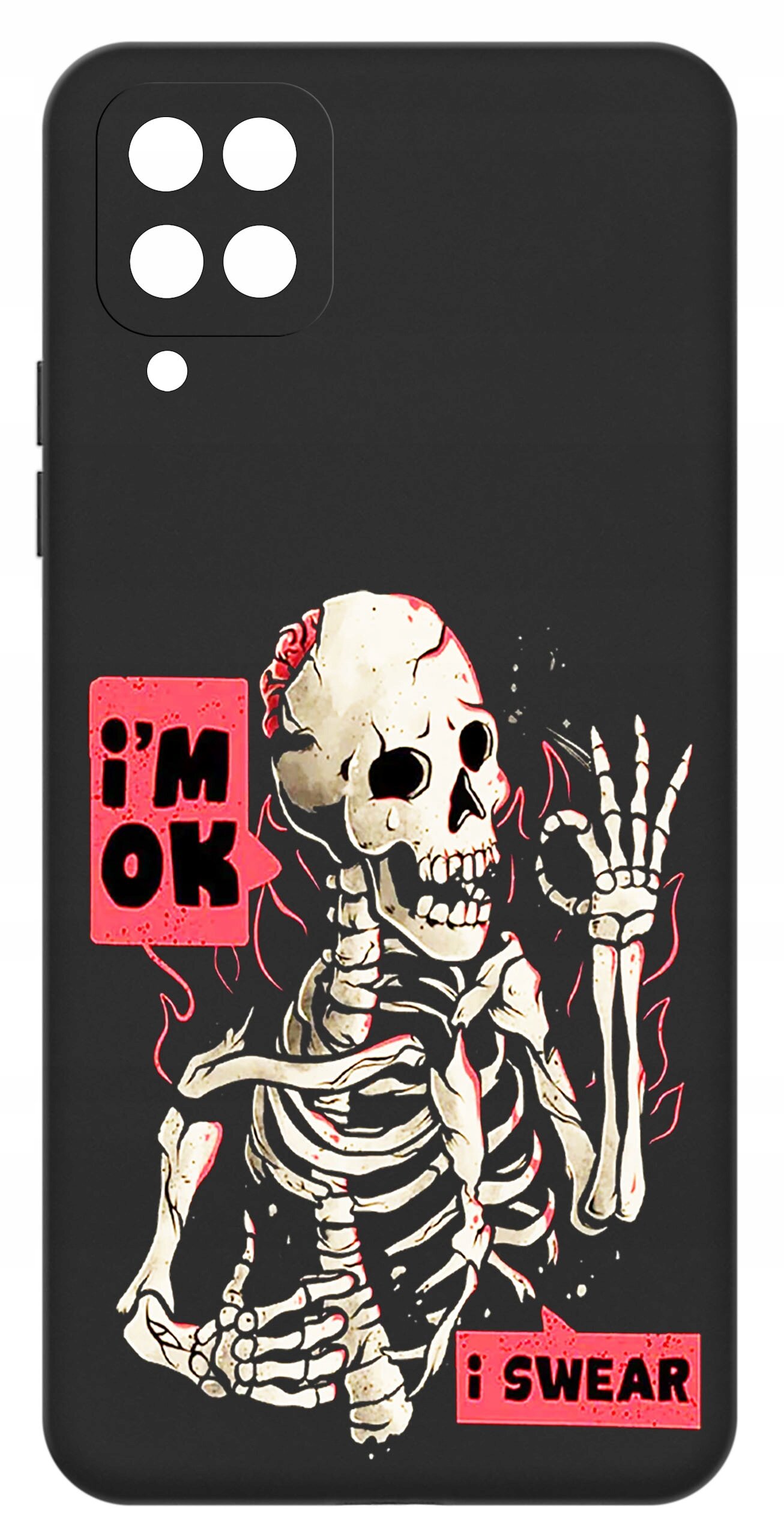 Czarne etui z nadrukiem szkieletu w otoczeniu czerwonych płomieni, z tekstami \'i\'m OK\' i \'i SWEAR\'.