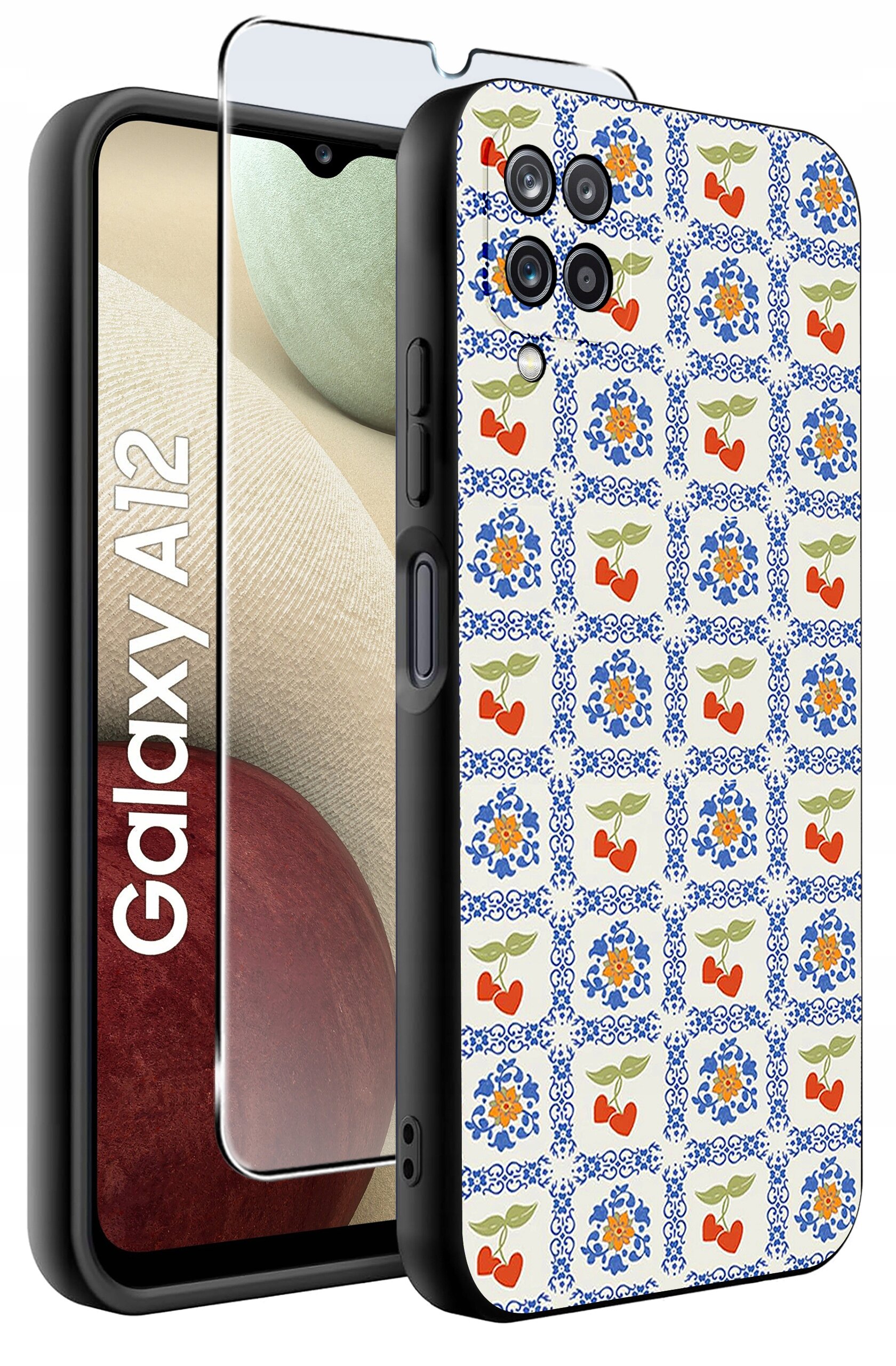 Obraz przedstawia etui na telefon z wzorem w kwiaty i owoce oraz szkło ochronne. Na ekranie telefonu widoczny jest napis \'Galaxy A12\'.
