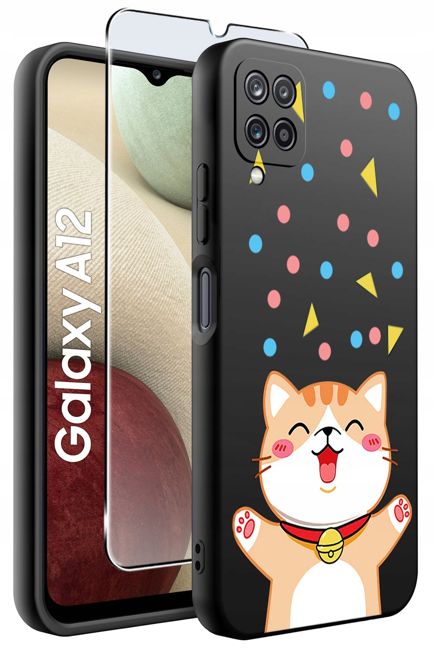 Na obrazie widoczne jest etui na telefon z rysunkiem uśmiechniętego kota oraz kolorowymi kropkami i trójkątami na czarnym tle. Obok znajduje się szkło ochronne, a na ekranie telefonu widoczny jest napis \'Galaxy A12\'.