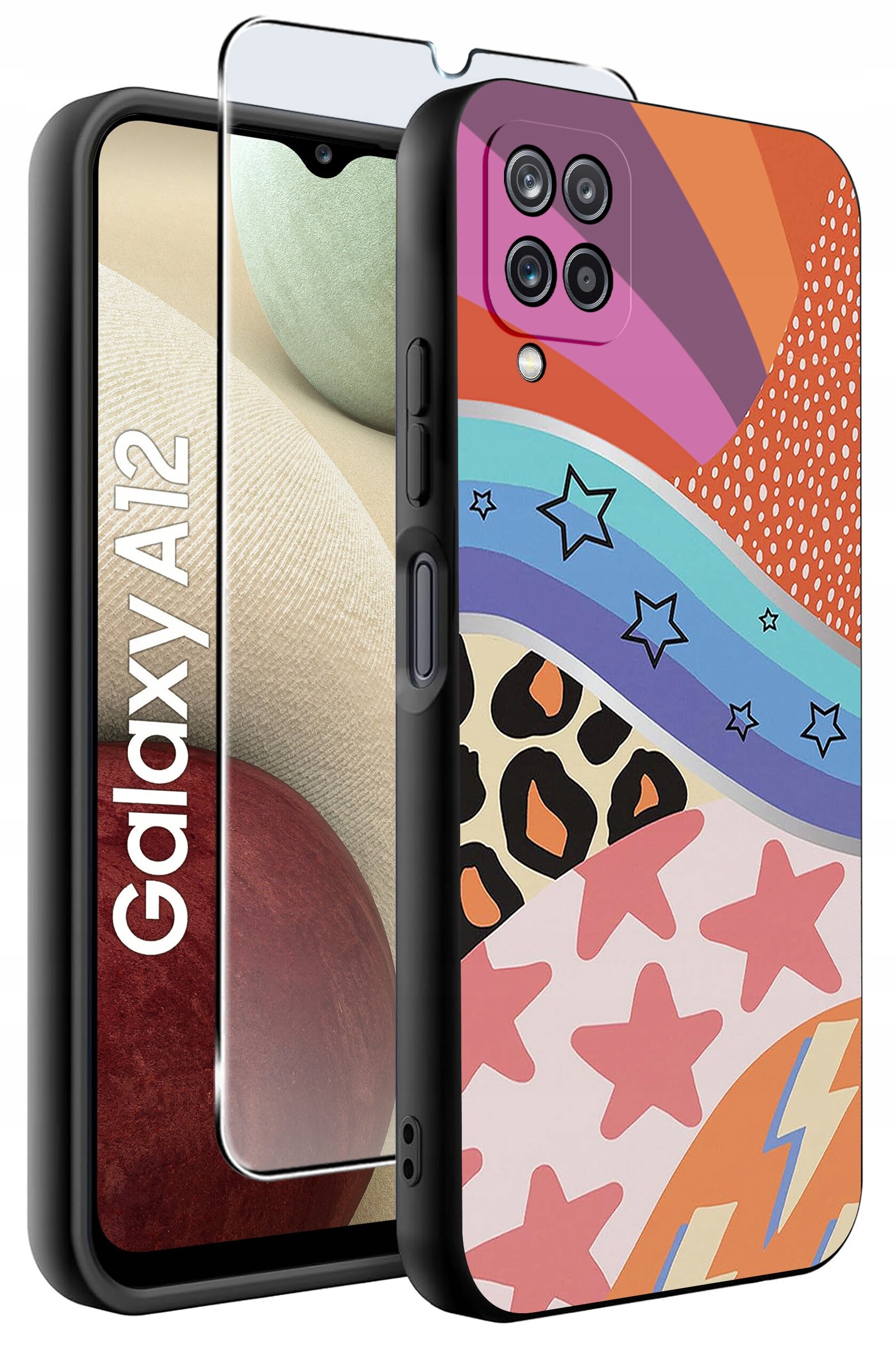 Etui na telefon z kolorowym wzorem w gwiazdy, paski i kropki, obok którego znajduje się szkło ochronne. Na ekranie telefonu widoczny jest napis \'Galaxy A12\'.