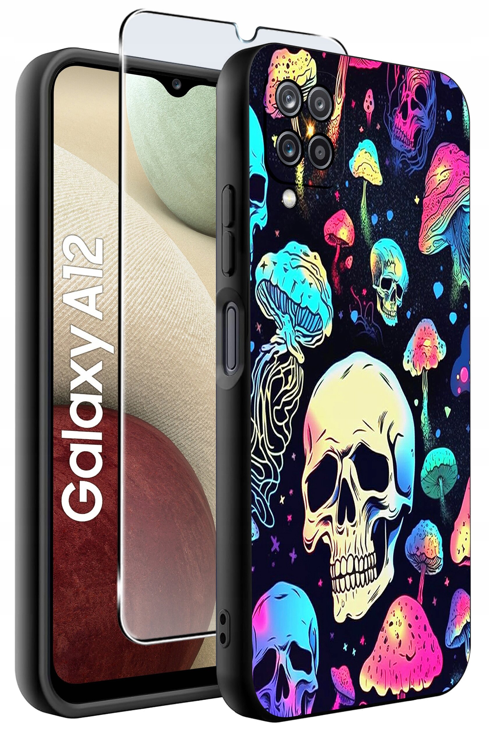 Etui na telefon z kolorowym wzorem czaszek i grzybów, obok którego znajduje się szkło ochronne na ekran. Na ekranie telefonu widoczny jest napis \'Galaxy A12\'.