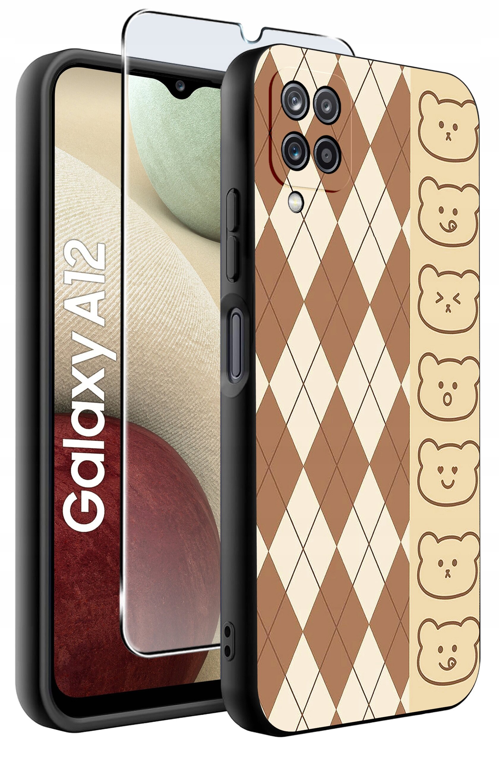 Obraz przedstawia etui na telefon z wzorem w romby i rysunkami misiów na boku. Obok etui znajduje się szkło ochronne, a na ekranie telefonu widoczny jest napis \'Galaxy A12\'.
