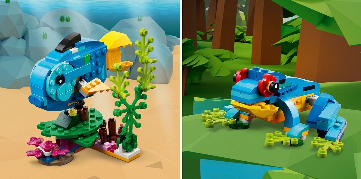Obraz przedstawia dwa modele z klocków LEGO: po lewej stronie egzotyczną papugę w niebiesko-żółtych barwach na tle plaży, a po prawej żabę w niebiesko-zielonych kolorach na tle lasu.