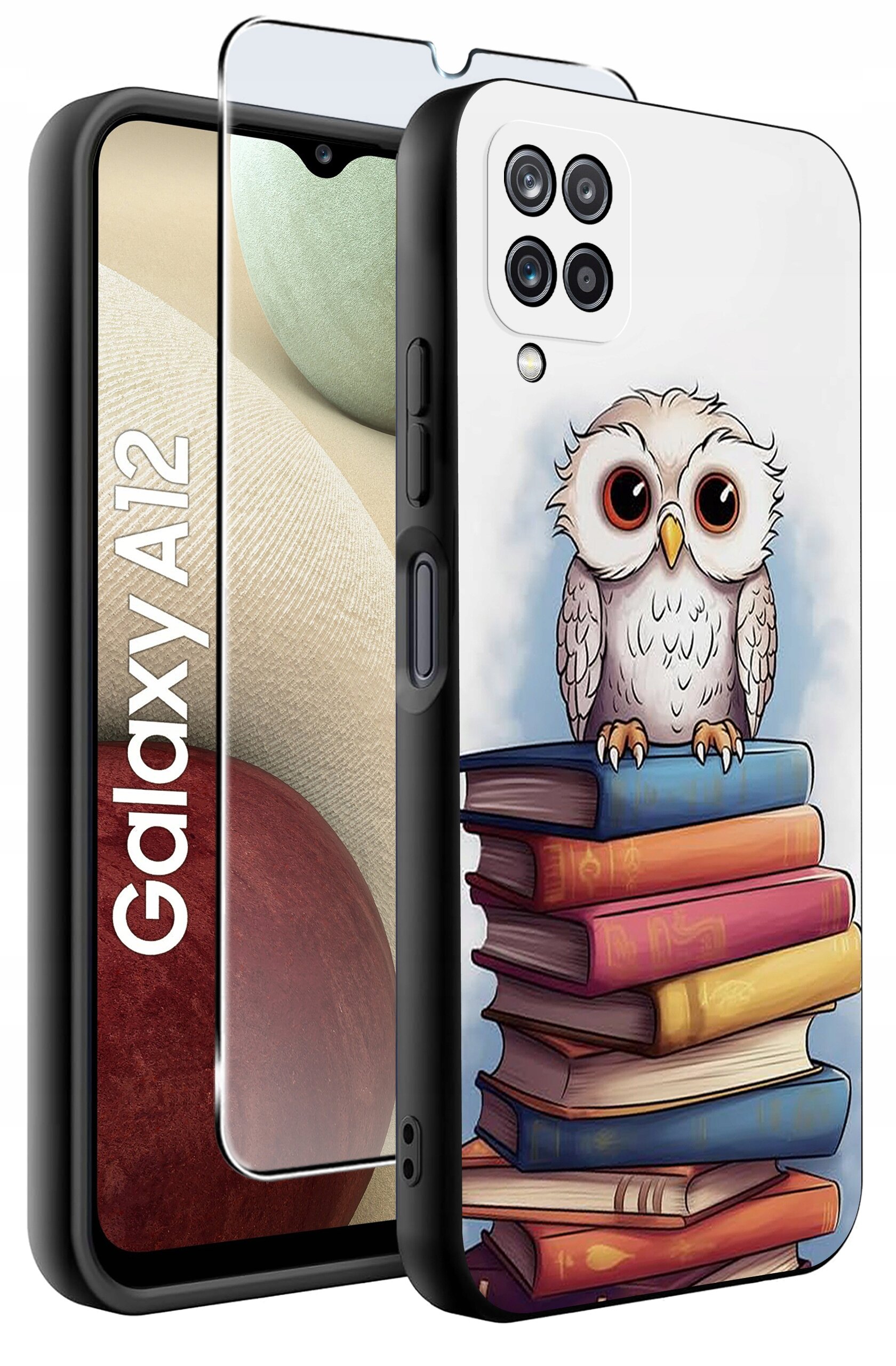 Etui na telefon z nadrukiem sowy siedzącej na stosie książek, obok widoczny jest telefon z napisem \'Galaxy A12\'.