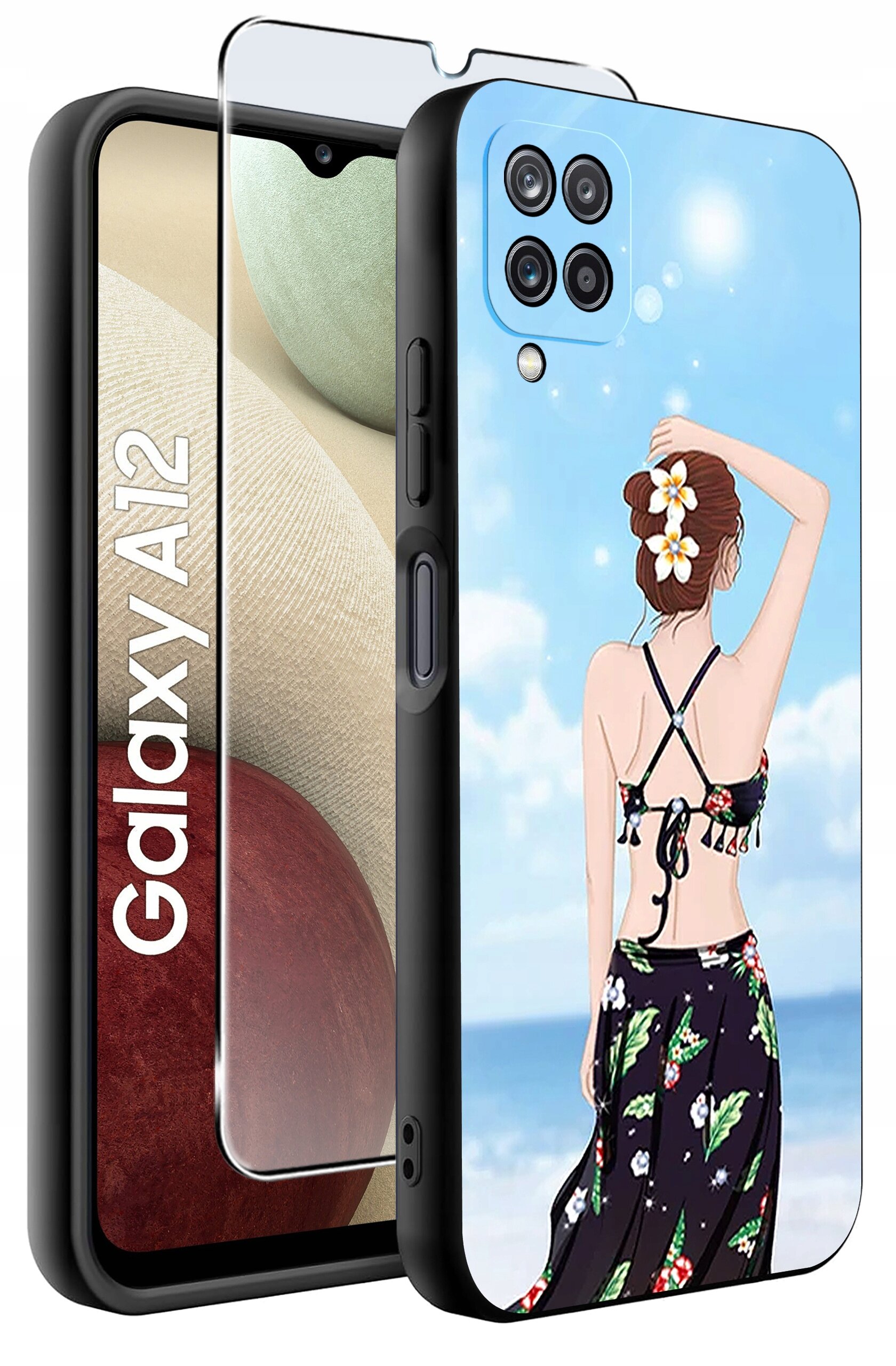 Etui na telefon z grafiką przedstawiającą kobietę na plaży, z kwiatami we włosach, w stroju kąpielowym i spódnicy. Obok widoczny jest telefon z napisem \'Galaxy A12\'.