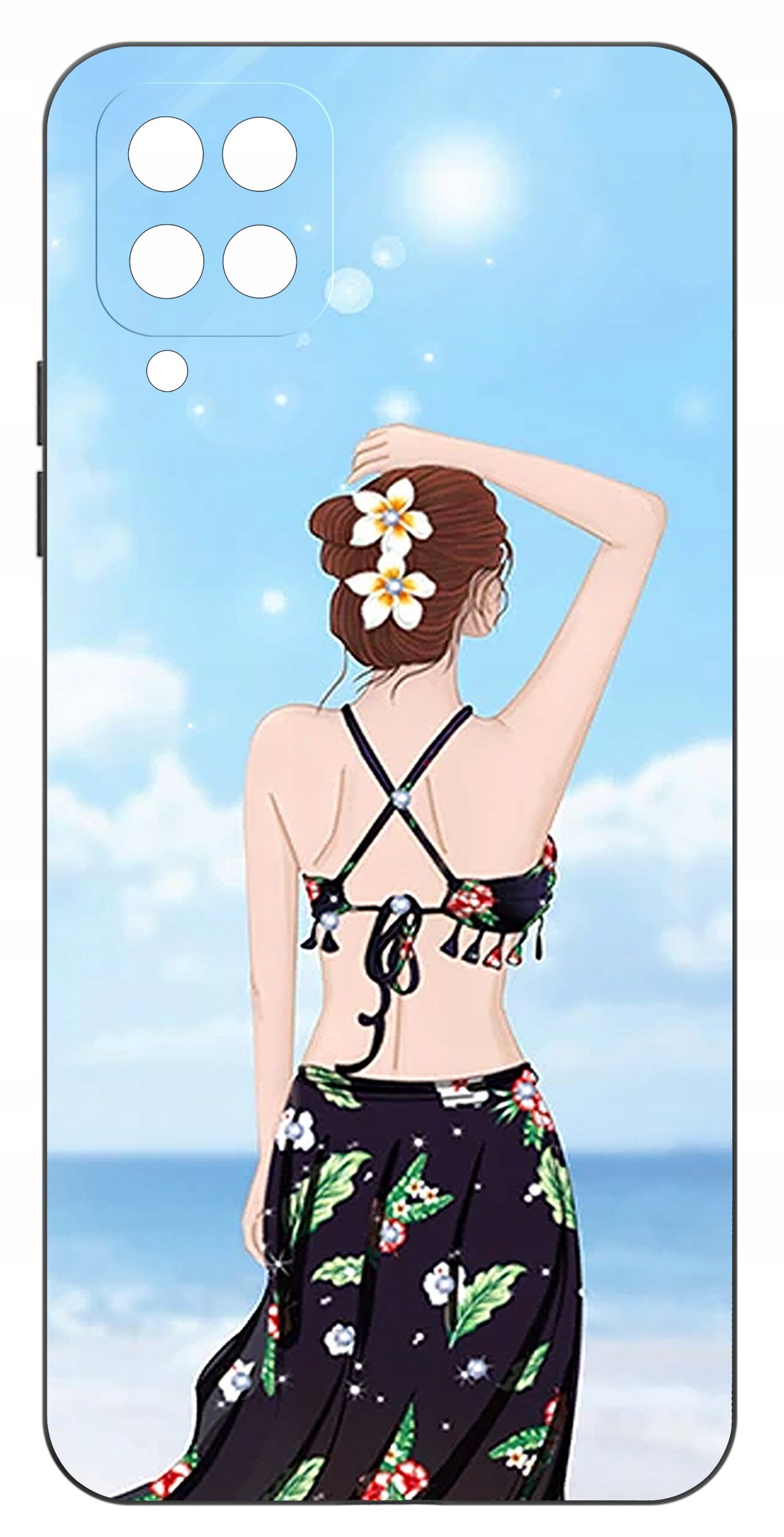 Etui na telefon z grafiką przedstawiającą kobietę w stroju kąpielowym na tle plaży i nieba. Kobieta ma kwiaty we włosach, a etui ma wycięcia na aparat i przyciski.