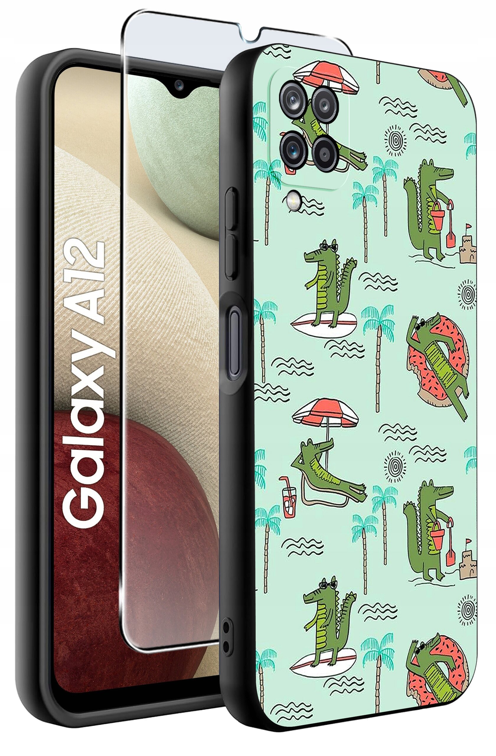Obraz przedstawia etui na telefon z wzorem krokodyli na deskach surfingowych i z parasolami, w tle palmy. Obok etui znajduje się szkło ochronne na ekran, a na ekranie telefonu widoczny jest napis \'Galaxy A12\'.