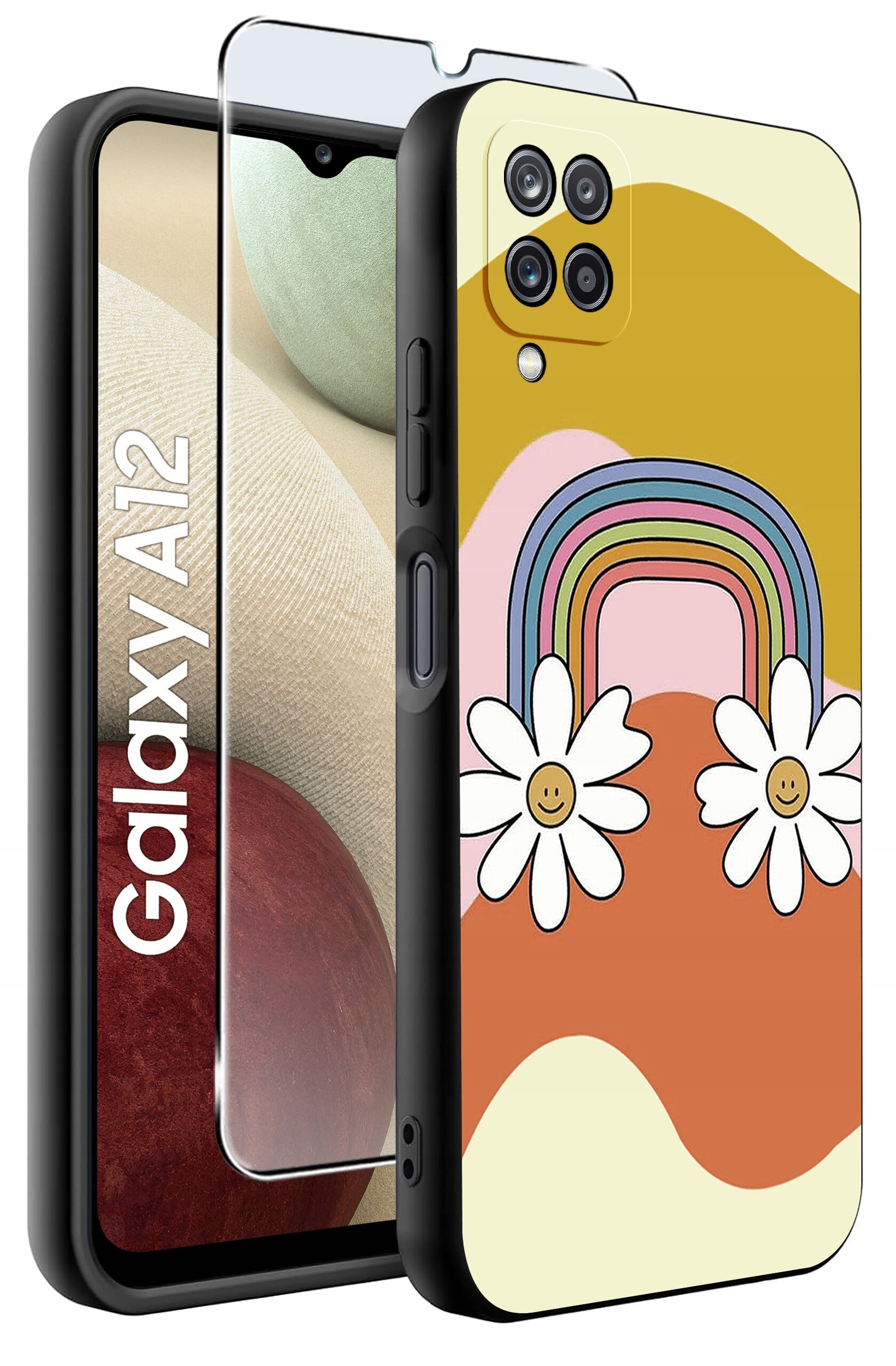 Obraz przedstawia etui na telefon z kolorowym wzorem tęczy i kwiatów oraz szkło ochronne. Na ekranie telefonu widoczny jest napis \'Galaxy A12\'.