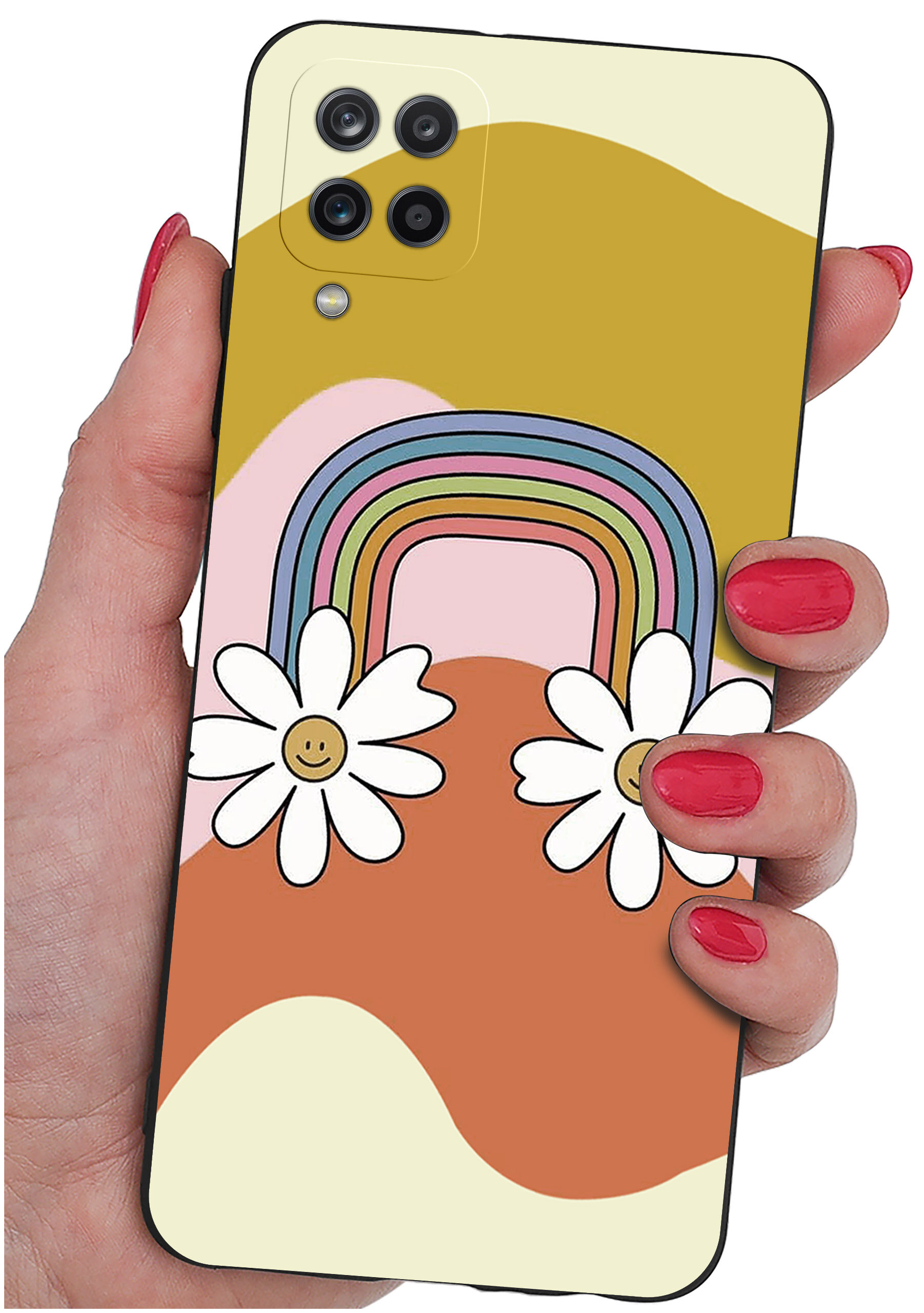 Etui na telefon z kolorowym wzorem tęczy i dwoma kwiatami z uśmiechniętymi buźkami, trzymane w dłoni z pomalowanymi na czerwono paznokciami.