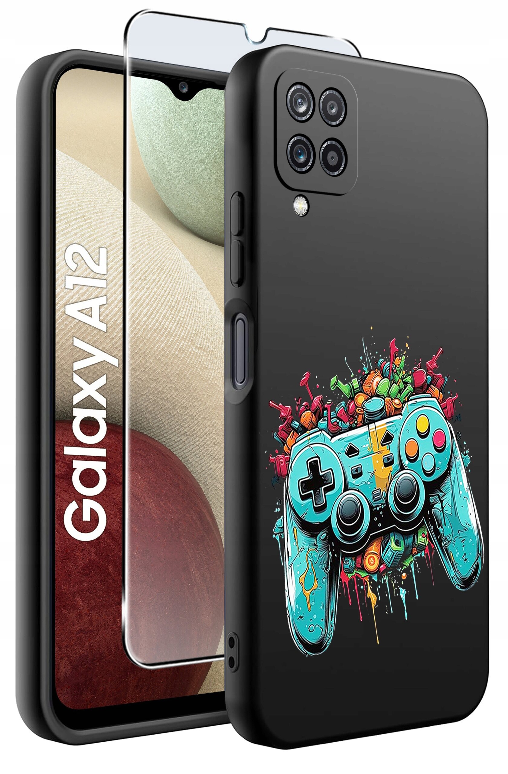 Obraz przedstawia silikonowe etui na telefon z kolorowym wzorem kontrolera do gier oraz szkło ochronne. Na ekranie telefonu widoczny jest napis \'Galaxy A12\'.