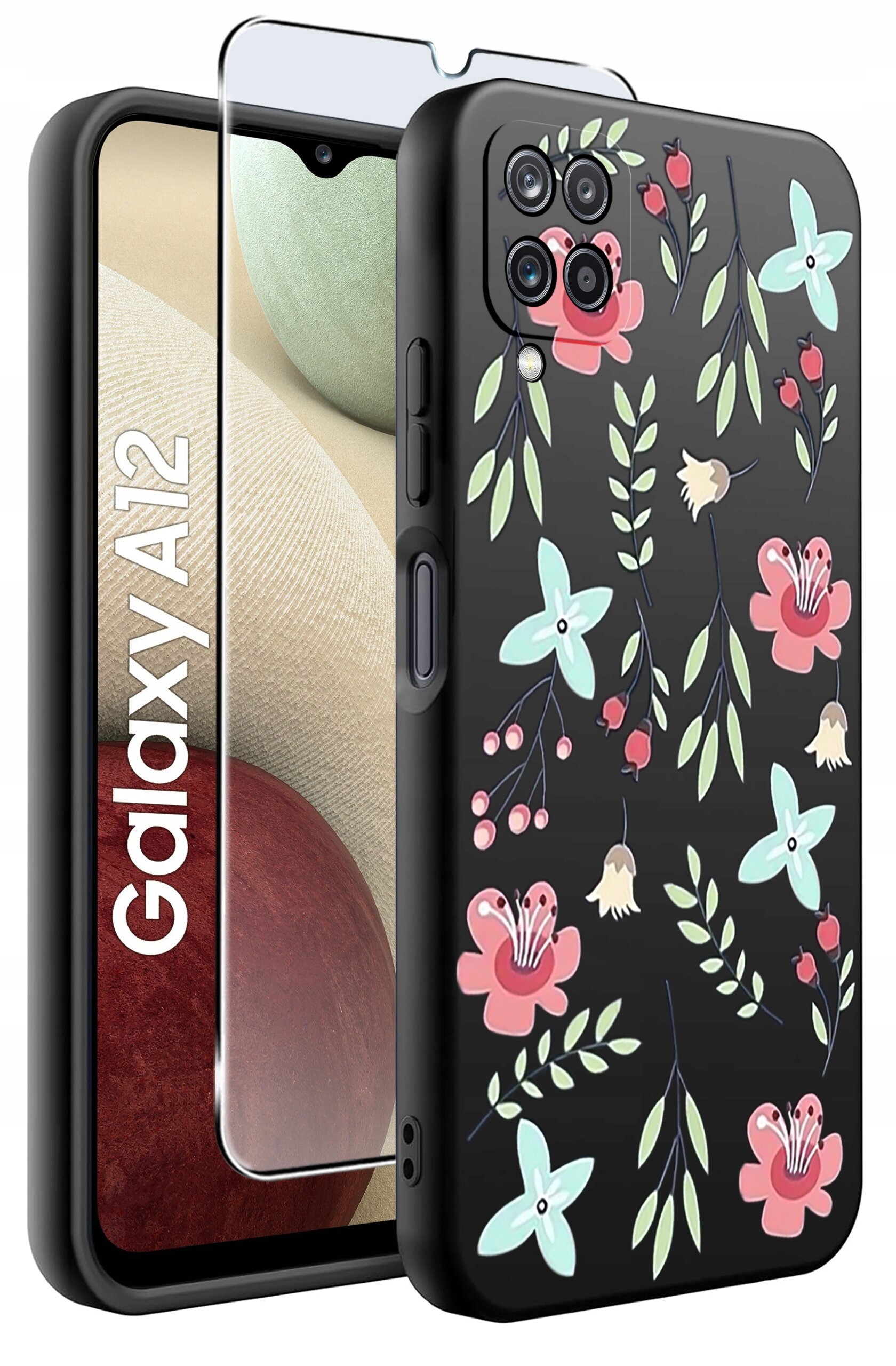 Etui na telefon z kolorowym wzorem kwiatowym na czarnym tle, obok którego znajduje się szkło ochronne. Na ekranie telefonu widoczny jest napis \'Galaxy A12\'.