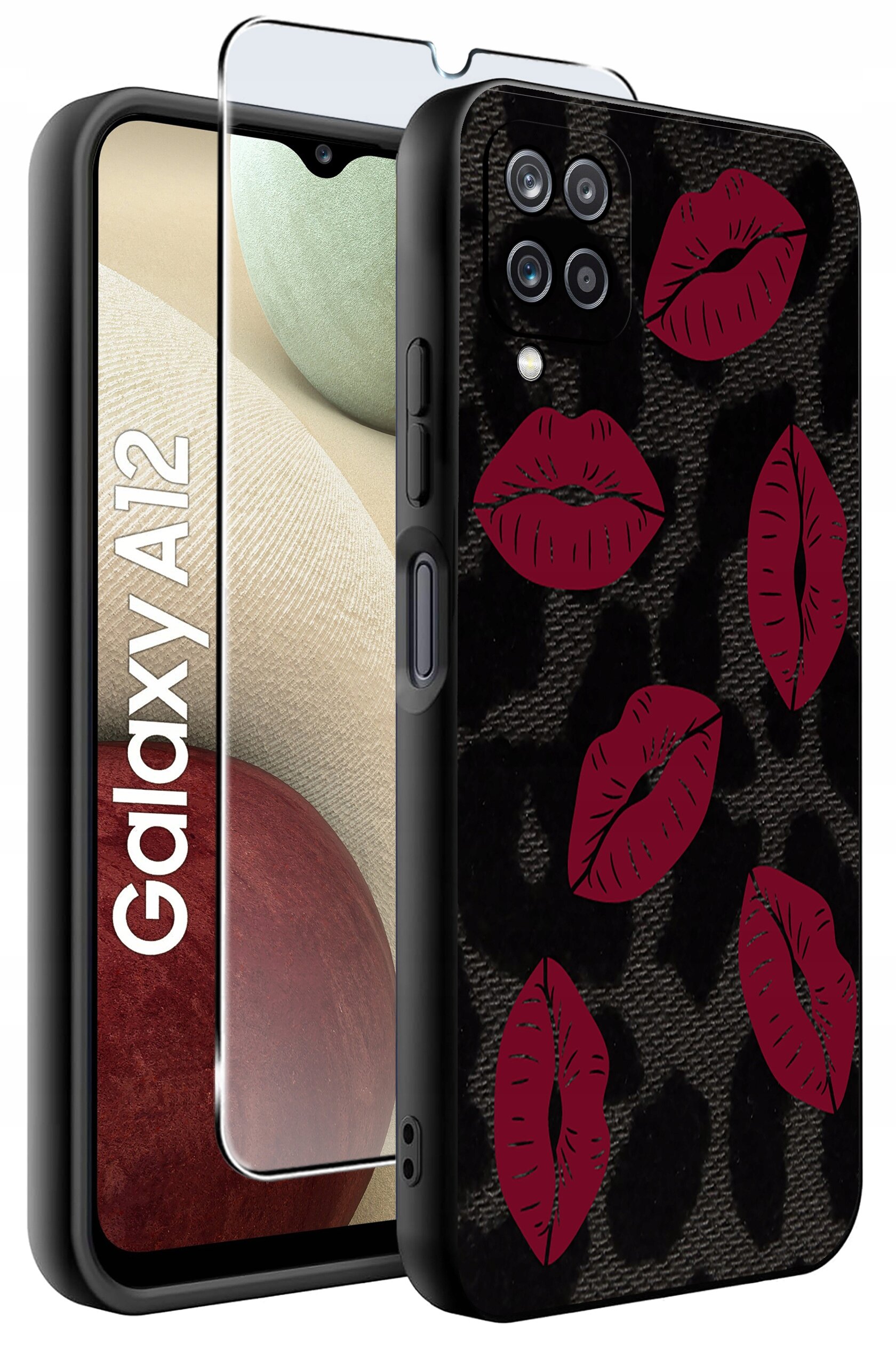 Obraz przedstawia etui na telefon z czerwonymi wzorami ust na czarnym tle oraz szkło ochronne. Na ekranie telefonu widoczny jest napis \'Galaxy A12\'.