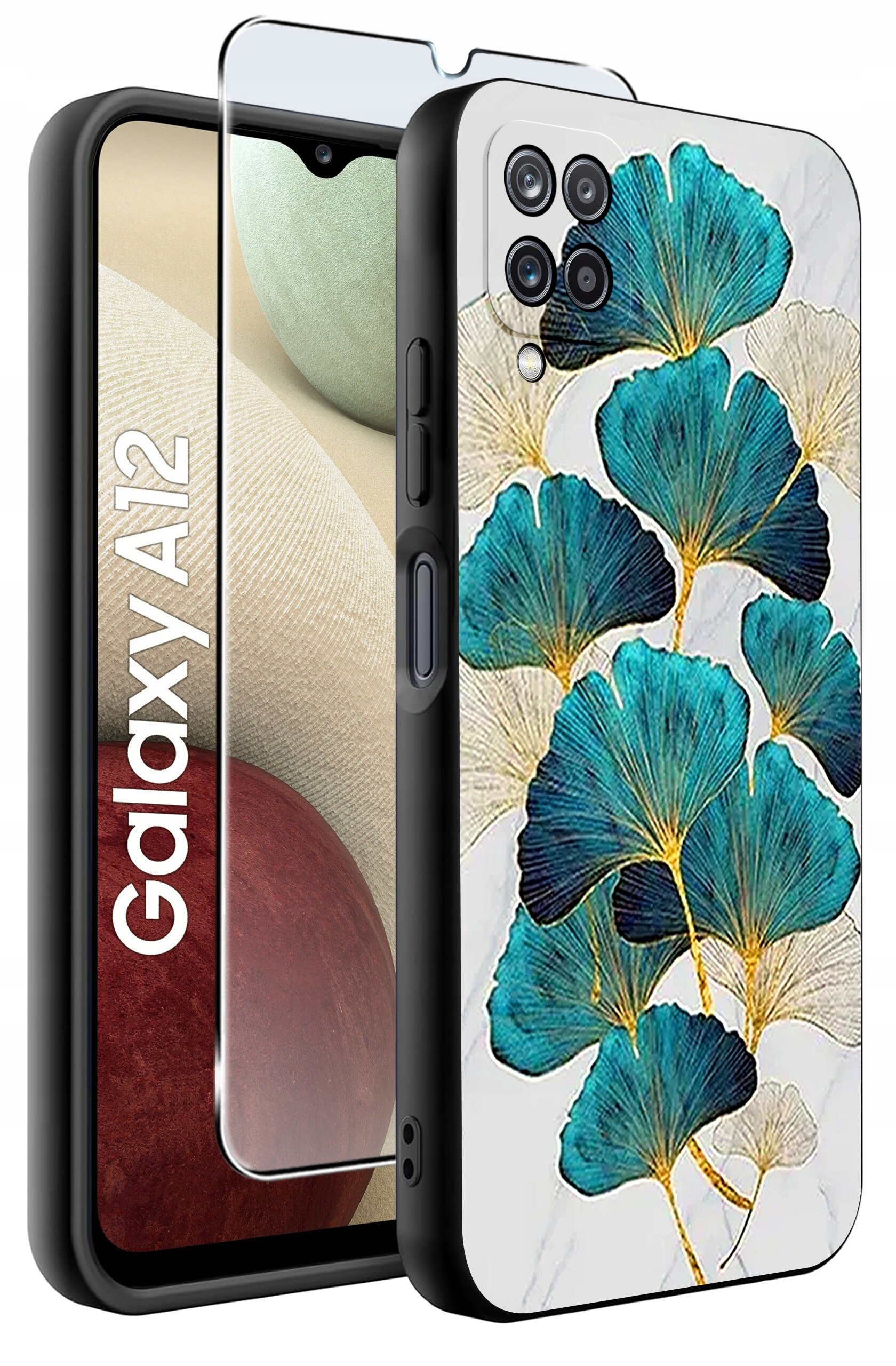 Obraz przedstawia etui na telefon z wzorem niebieskich liści oraz szkło ochronne. Na ekranie telefonu widoczny jest napis \'Galaxy A12\'.