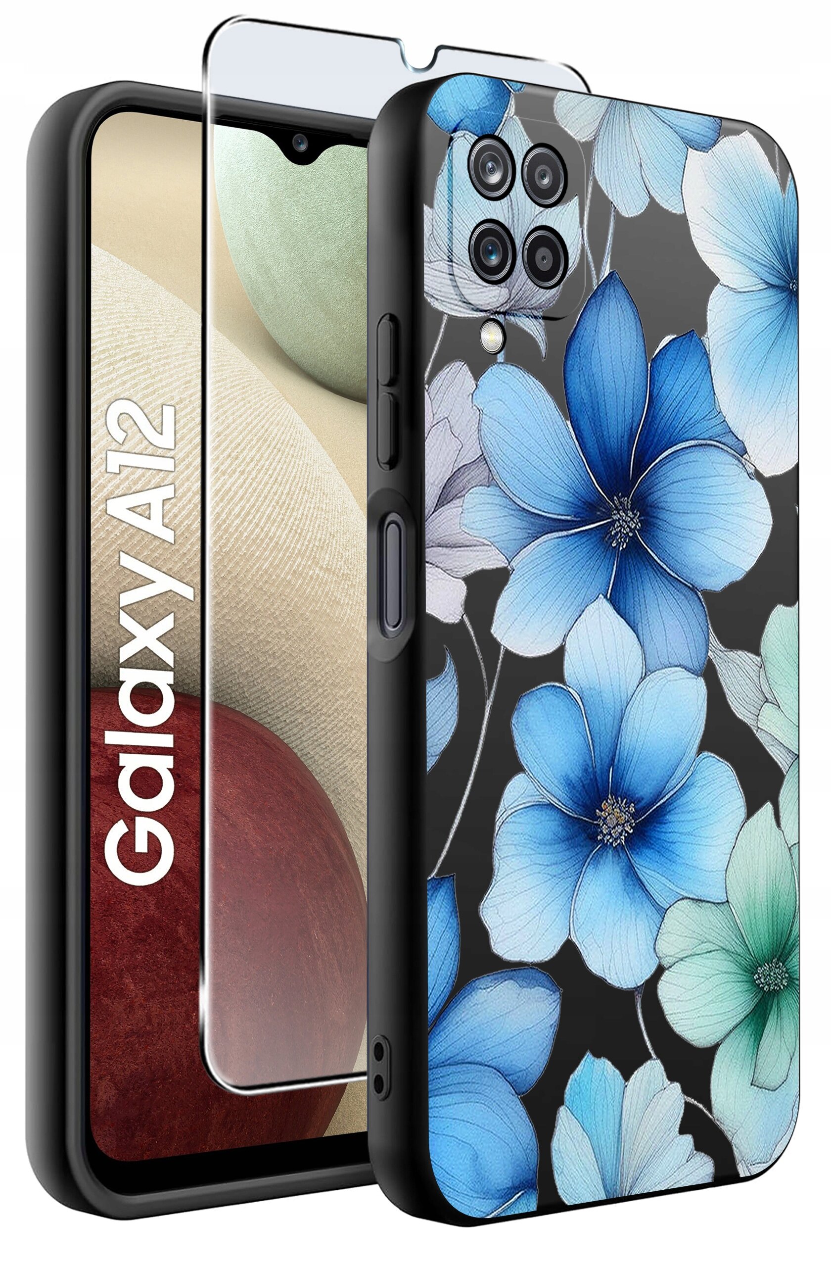 Obraz przedstawia etui na telefon z niebieskimi kwiatami oraz szkło ochronne. Na ekranie telefonu widoczny jest napis \'Galaxy A12\'.