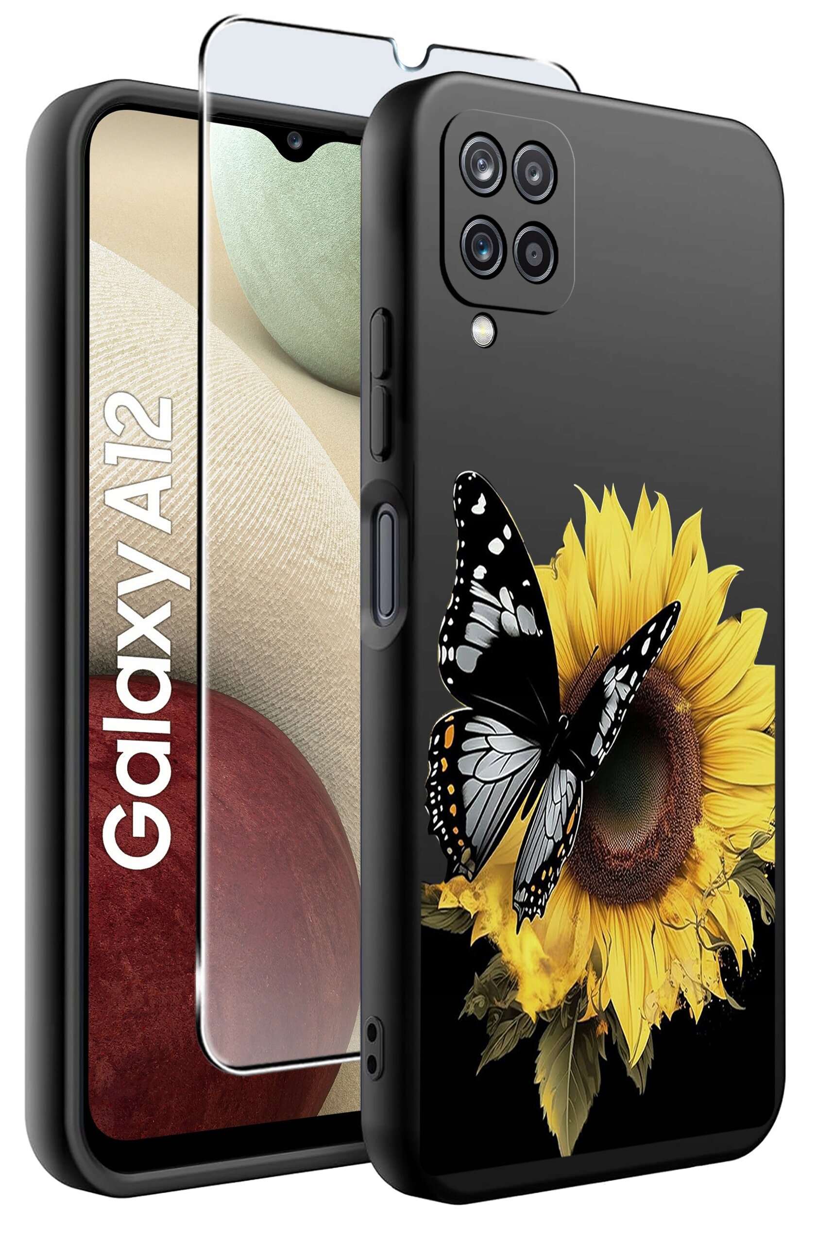 Obraz przedstawia silikonowe etui na telefon z motywem słonecznika i motyla oraz szkło ochronne. Na ekranie telefonu widoczny jest napis \'Galaxy A12\'.
