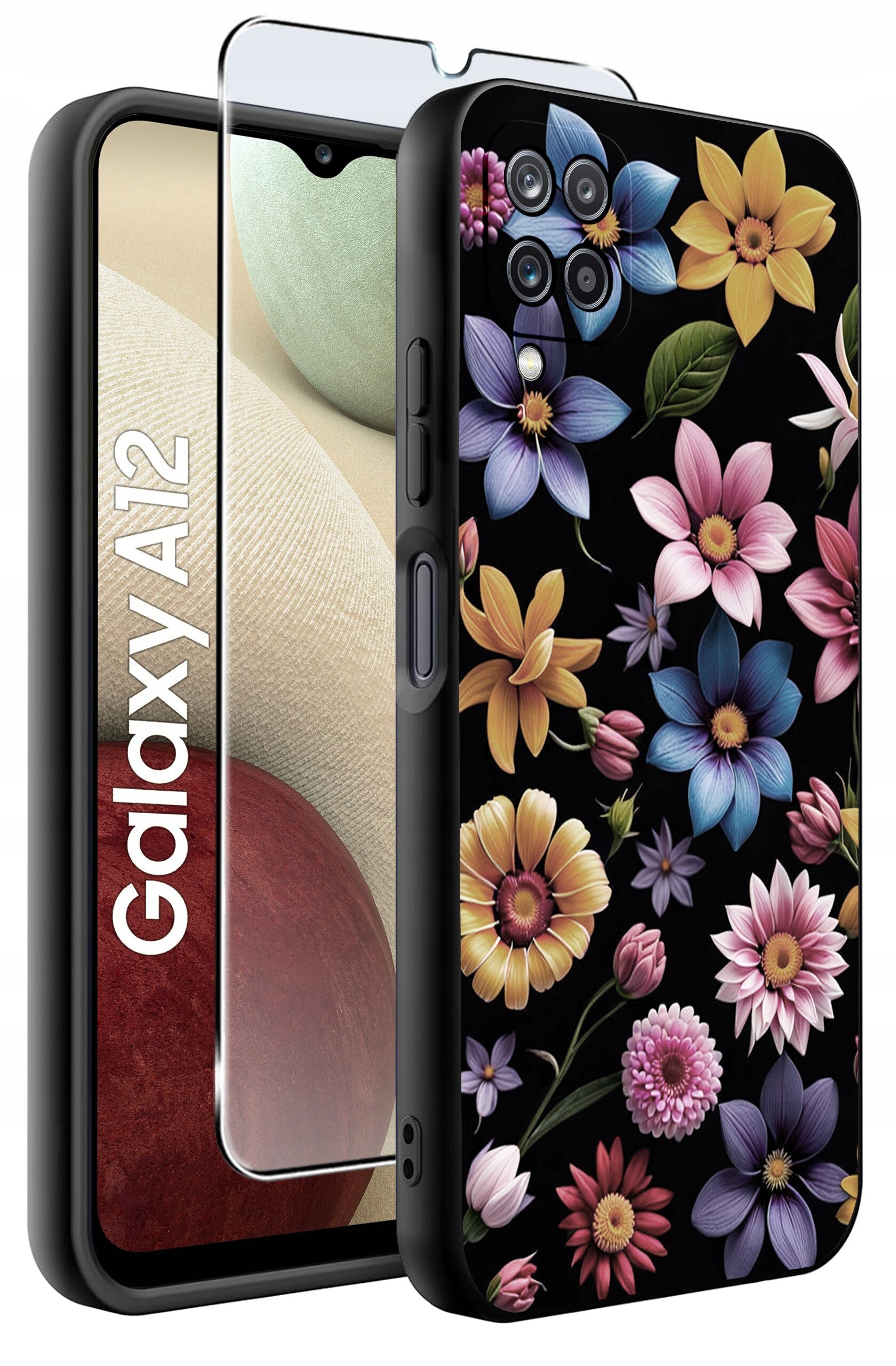 Etui na telefon z kolorowym wzorem kwiatowym oraz szkło ochronne na ekran. Obok widoczny jest napis \'Galaxy A12\'.