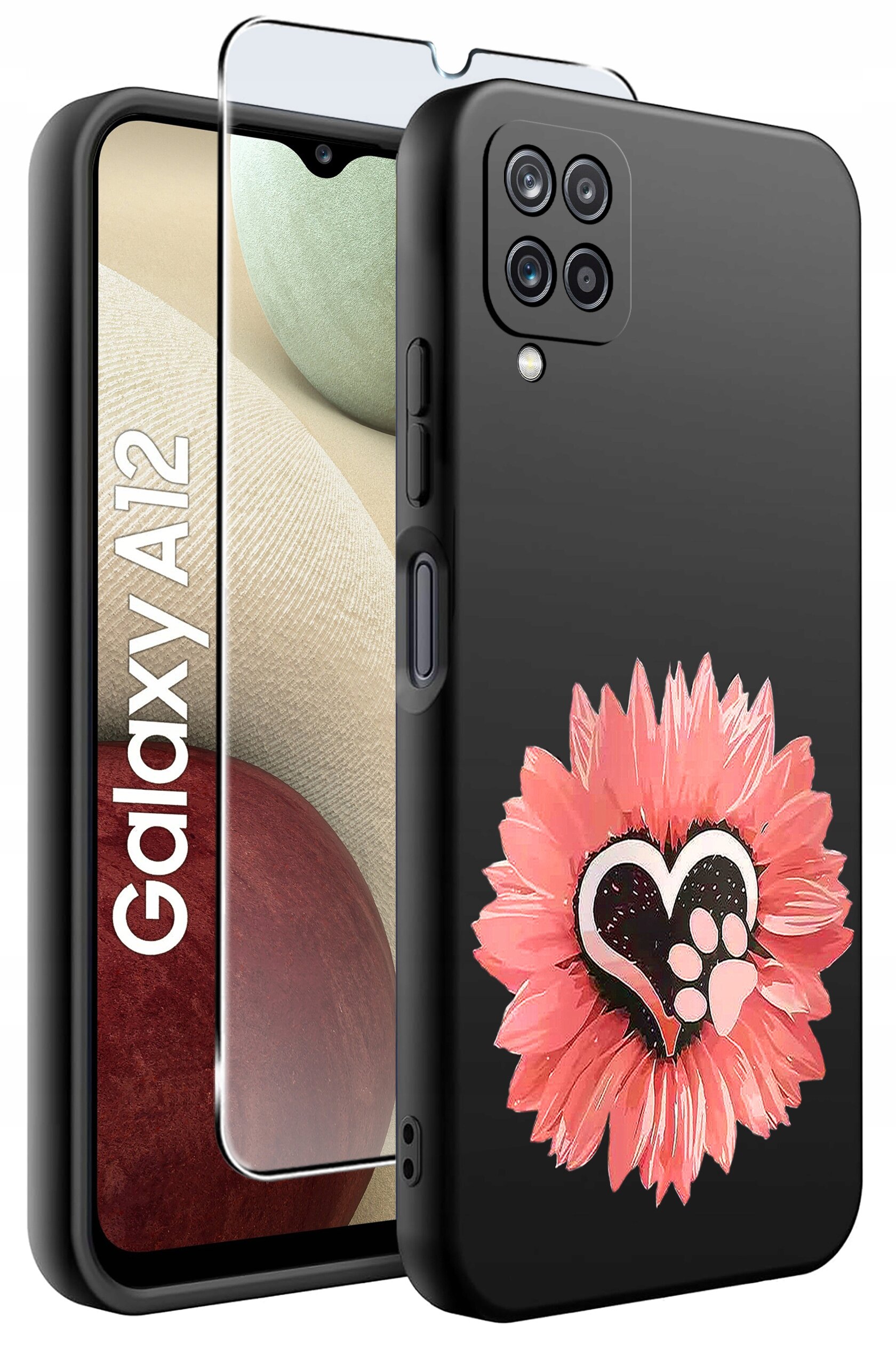 Obraz przedstawia czarne etui na telefon z różowym kwiatem i sercem z odciskiem łapy na tylnej części. Obok etui znajduje się szkło ochronne oraz telefon z widocznym napisem \'Galaxy A12\'.