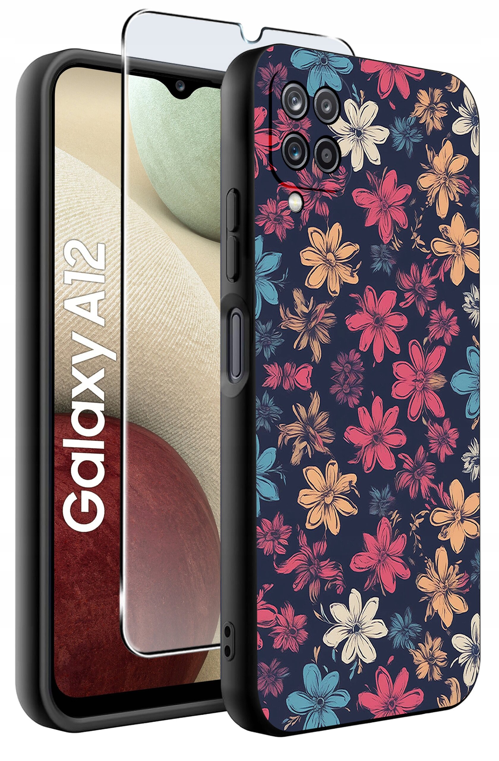 Etui na telefon z kolorowym wzorem kwiatów, obok którego znajduje się szkło ochronne. Na ekranie telefonu widoczny jest napis \'Galaxy A12\'.
