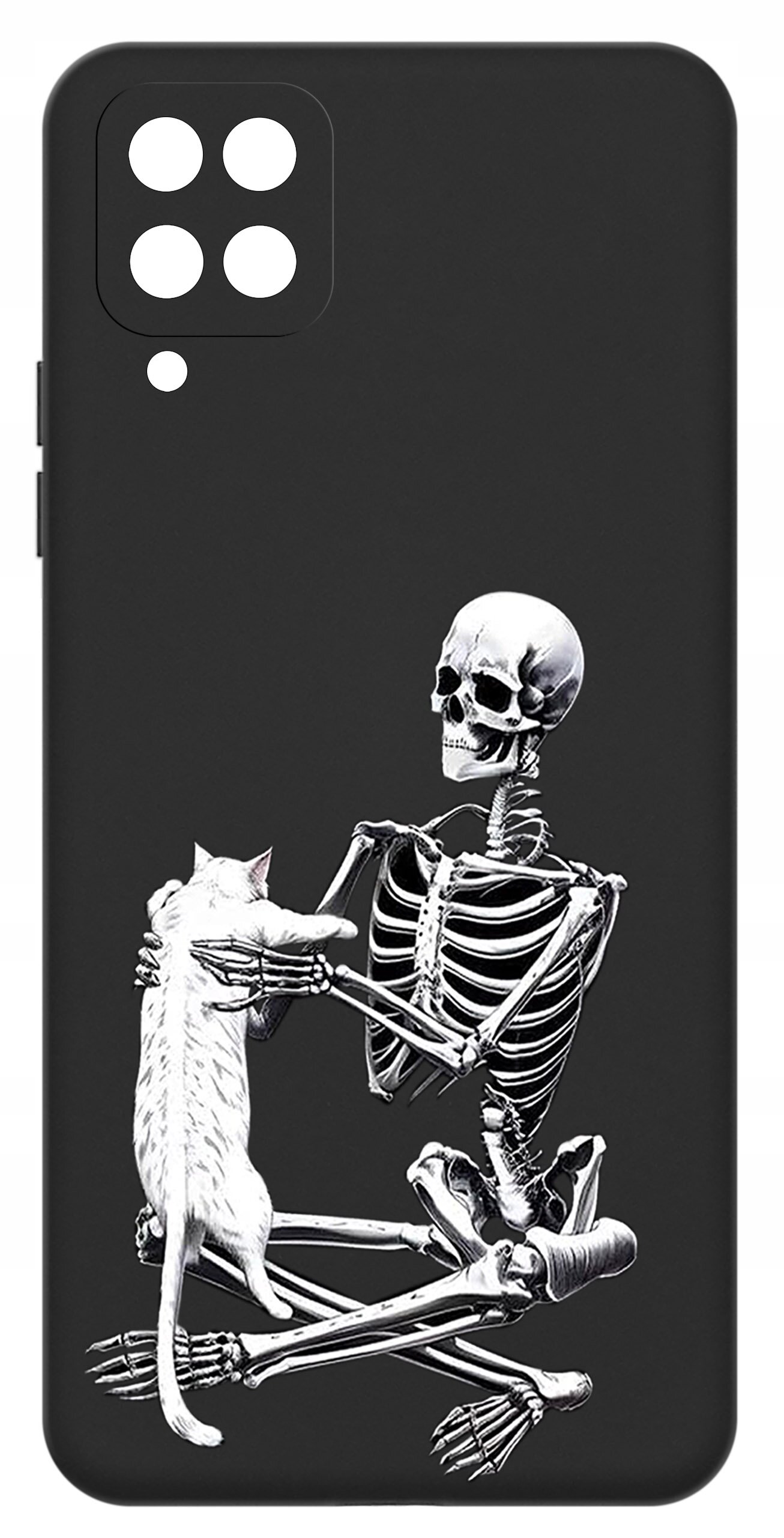 Czarne etui na telefon z nadrukiem szkieletu trzymającego białego kota. Etui posiada wycięcia na aparat i przyciski.