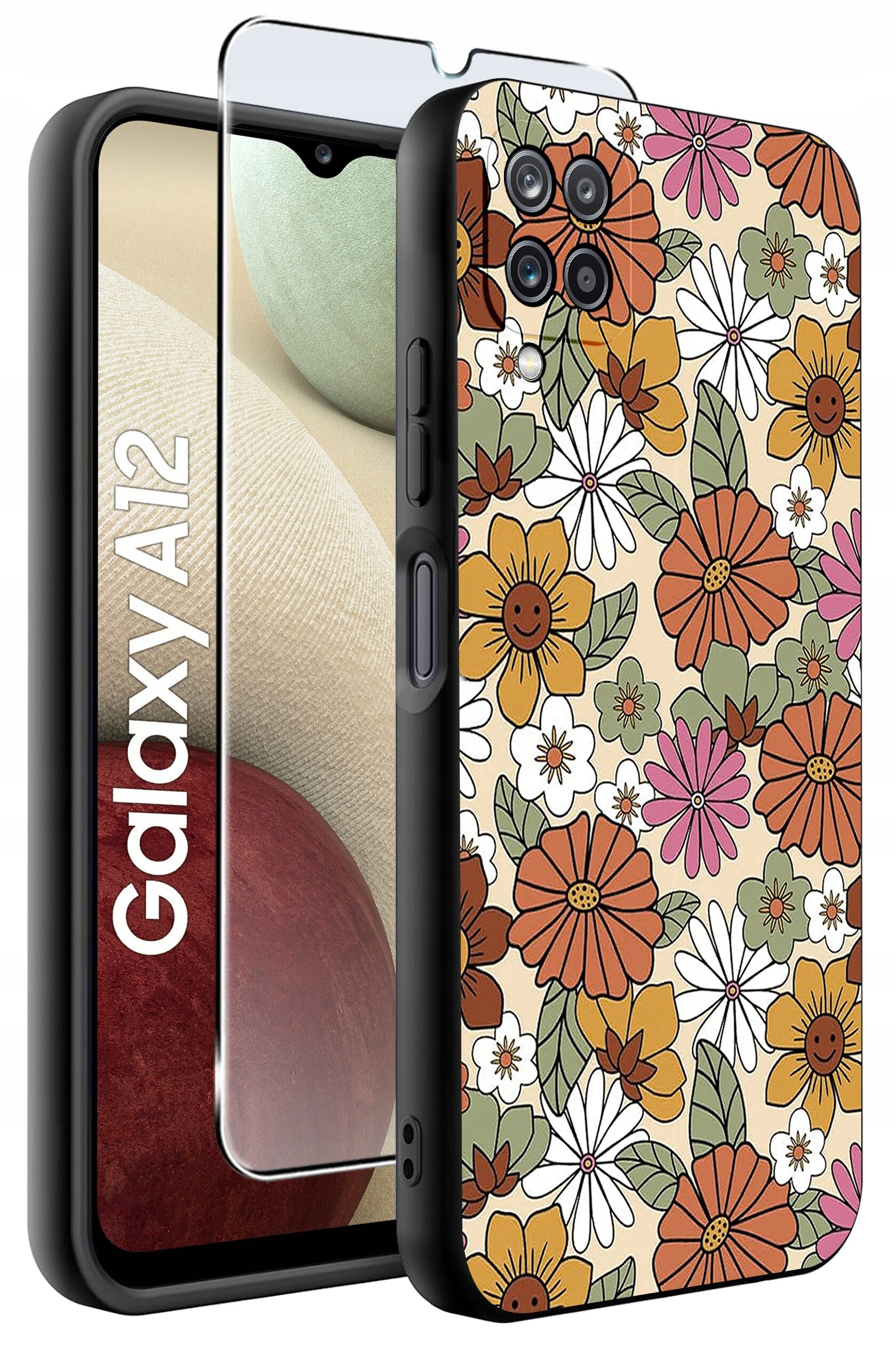 Etui na telefon z kolorowym wzorem kwiatów w odcieniach pomarańczowego, różowego i białego. Obok etui znajduje się szkło ochronne oraz telefon z widocznym napisem \'Galaxy A12\'.