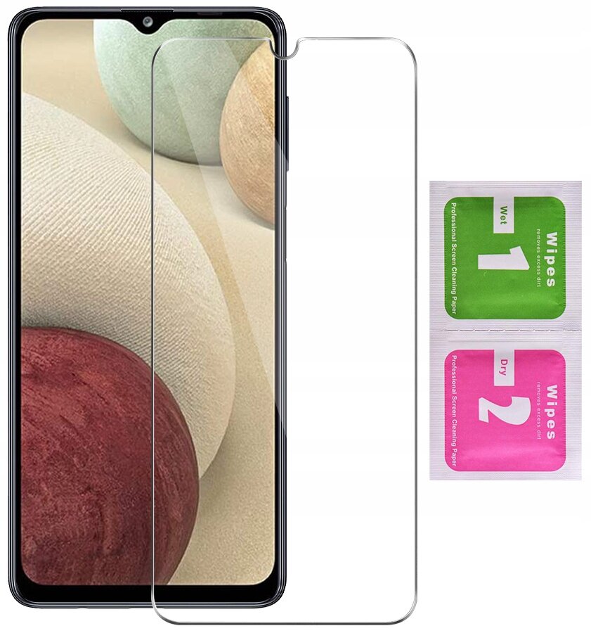 Obraz przedstawia telefon z nałożonym szkłem ochronnym, obok znajdują się dwie ściereczki do czyszczenia ekranu oznaczone jako \'1 Wet\' i \'2 Dry\'.