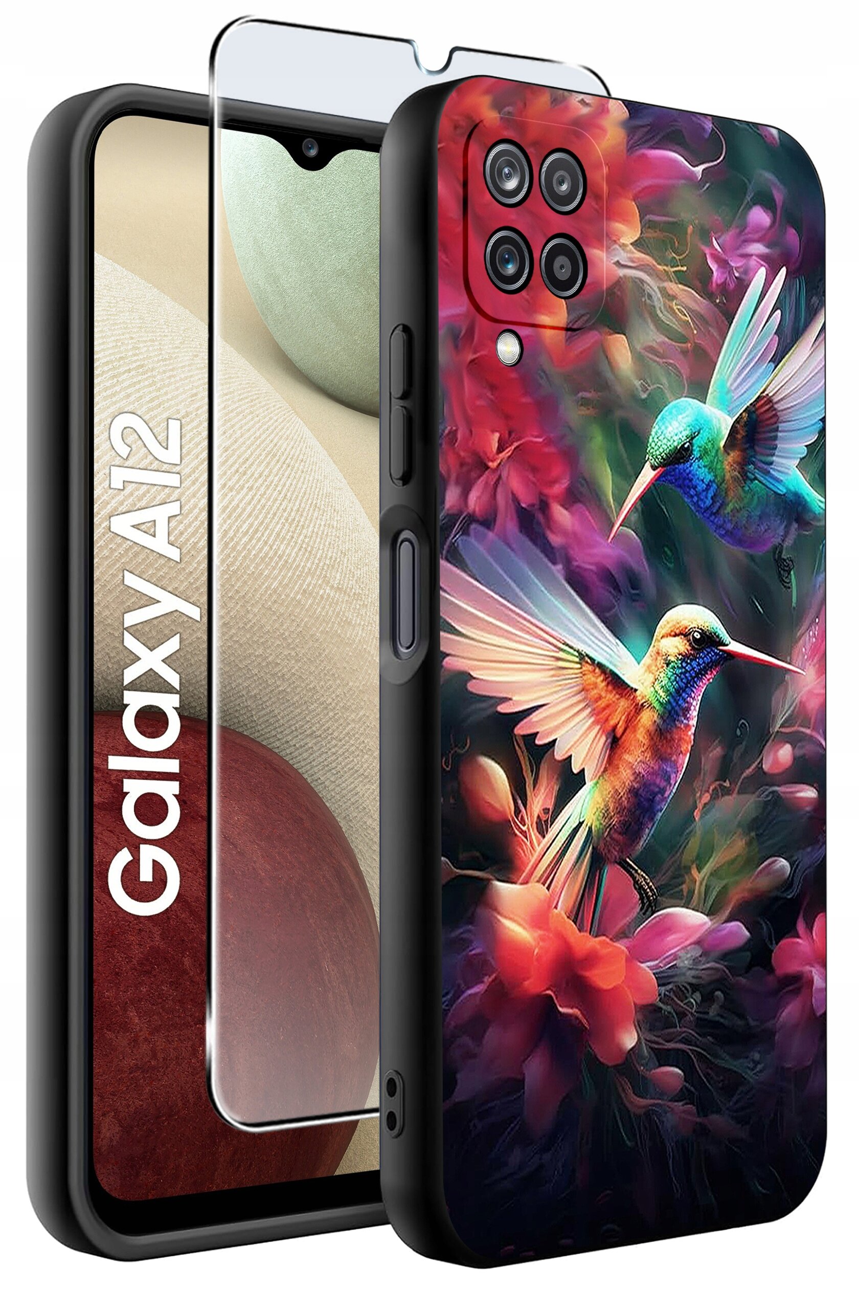 Etui do telefonu z kolorowym wzorem przedstawiającym dwa kolibry wśród kwiatów. Obok znajduje się szkło ochronne na ekran z napisem \'Galaxy A12\'.