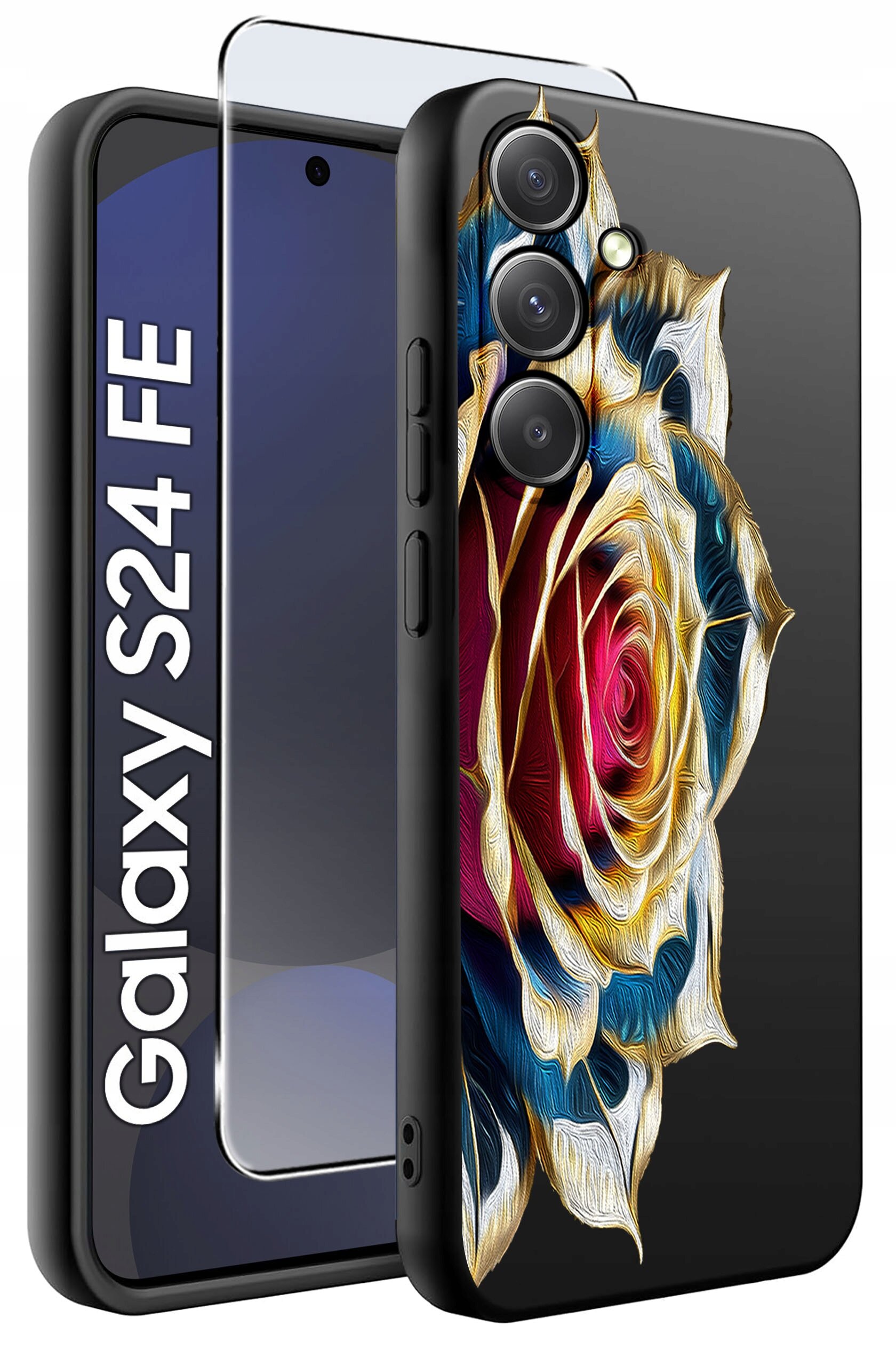 Obraz przedstawia etui na telefon z kolorowym wzorem róży oraz szkło ochronne. Na ekranie telefonu widoczny jest napis \'Galaxy S24 FE\'.