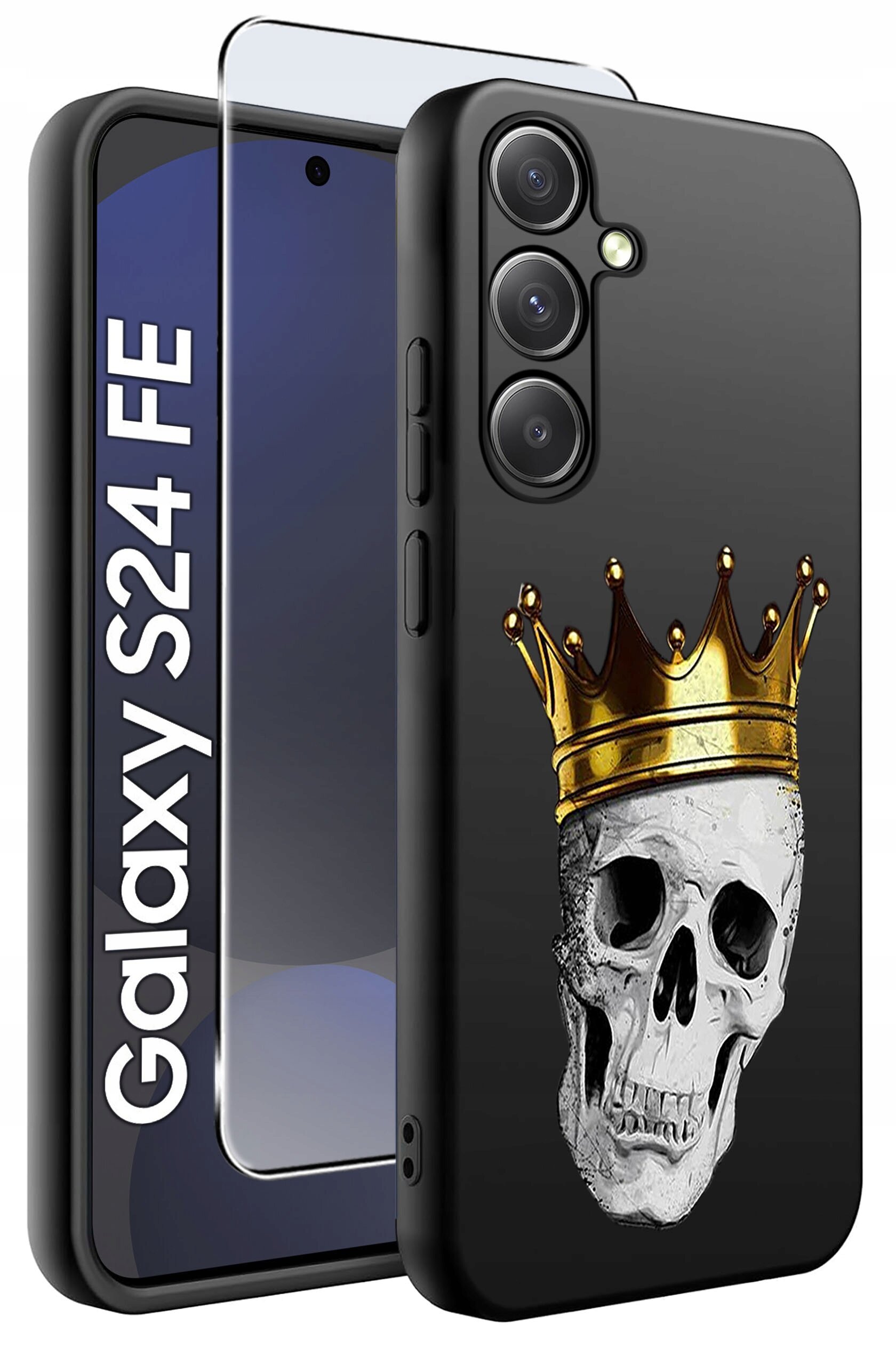 Czarne etui na telefon z nadrukiem czaszki w złotej koronie, obok znajduje się szkło ochronne. Na ekranie telefonu widoczny jest napis \'Galaxy S24 FE\'.