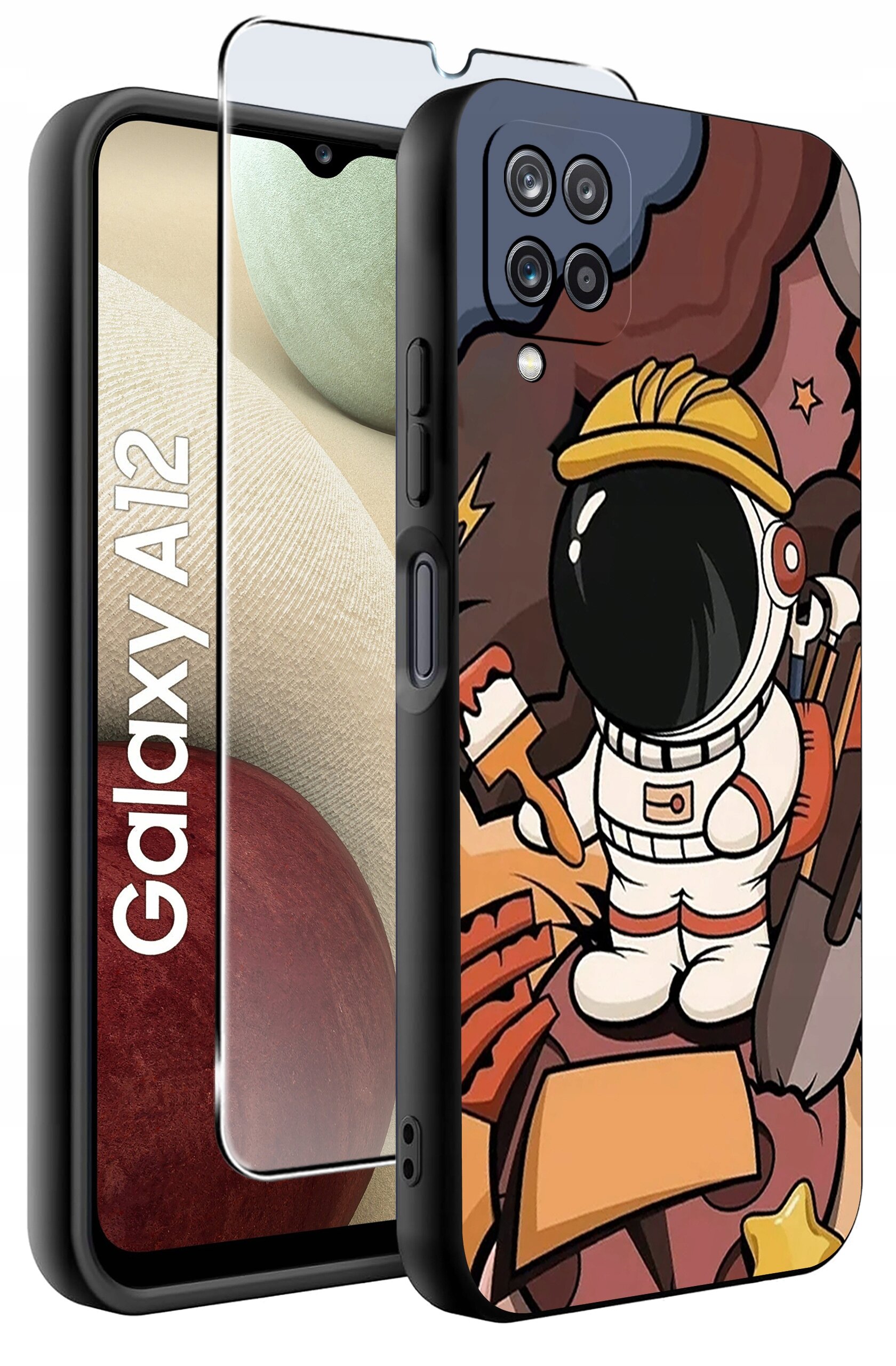 Obraz przedstawia etui na telefon z kolorowym wzorem astronauty w kasku, trzymającego narzędzia. Obok etui widoczny jest telefon z napisem \'Galaxy A12\' oraz szkło ochronne.