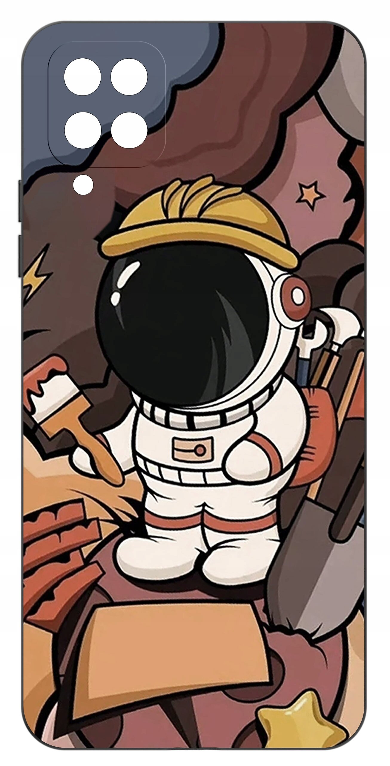 Etui na telefon z nadrukiem astronauty w kasku budowlanym, trzymającego pędzel i otoczonego narzędziami. Tło jest kolorowe, z elementami przypominającymi chmury i gwiazdy.