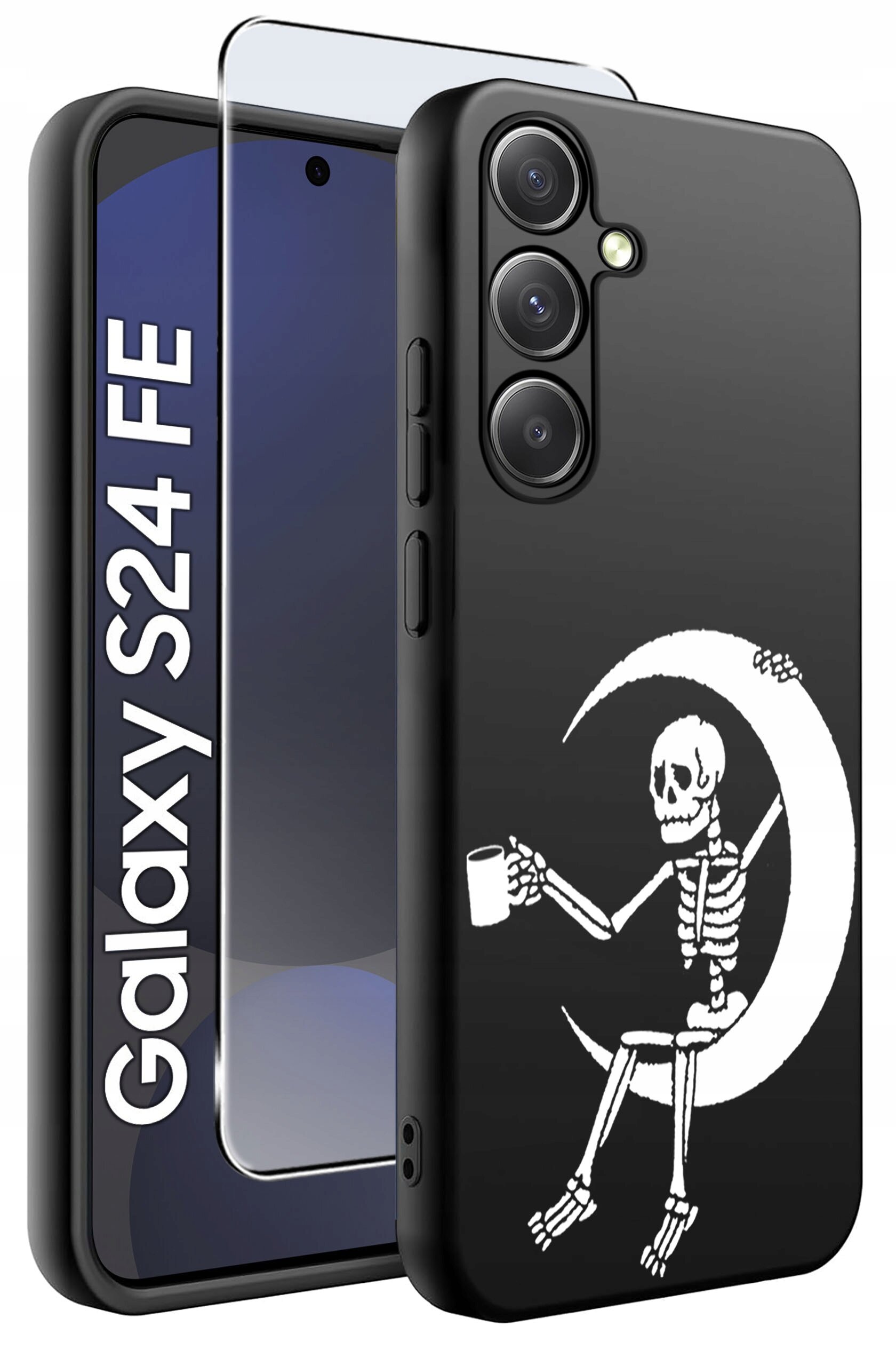 Czarne etui na telefon z nadrukiem szkieletu siedzącego na księżycu, trzymającego kubek. Obok etui znajduje się szkło ochronne oraz telefon z widocznym napisem \'Galaxy S24 FE\'.