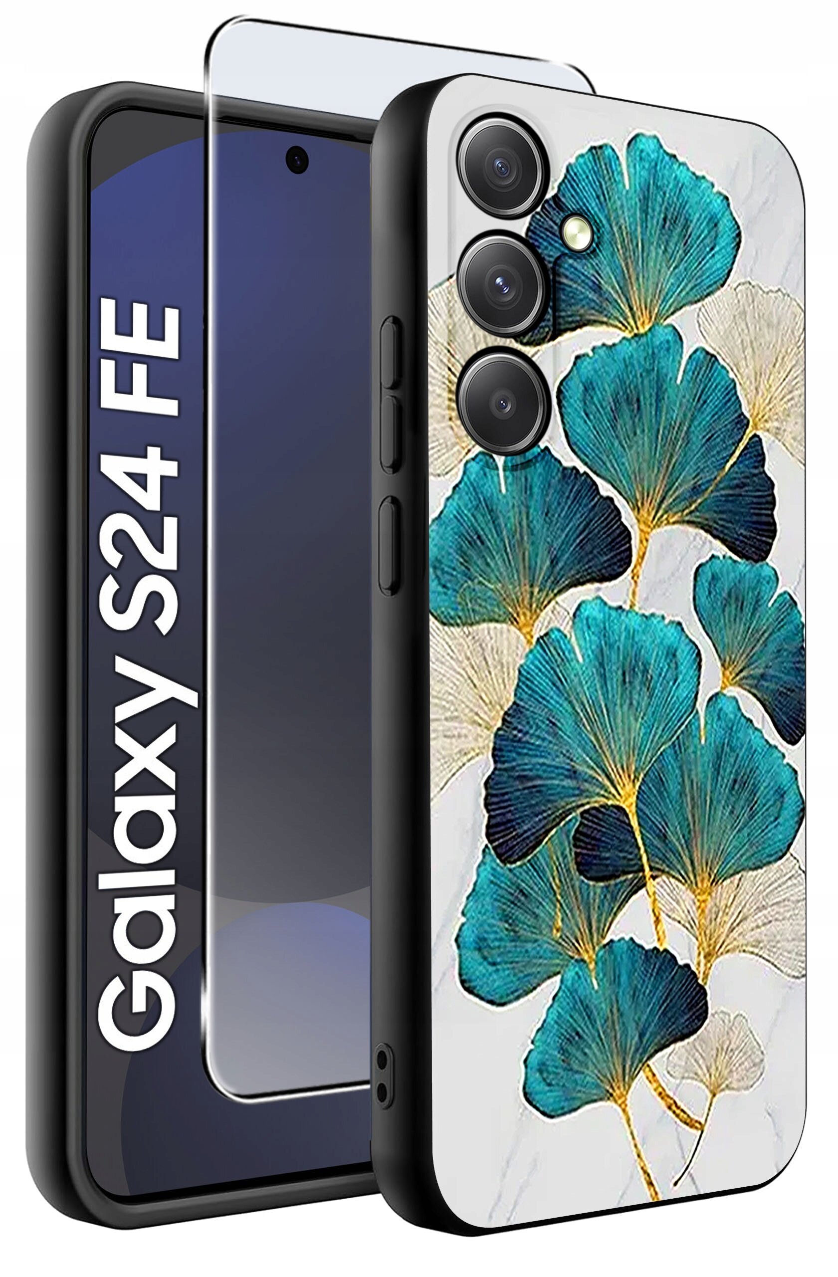 Obraz przedstawia etui na telefon z wzorem niebiesko-zielonych liści na białym tle oraz szkło ochronne. Obok widoczny jest napis \'Galaxy S24 FE\'.