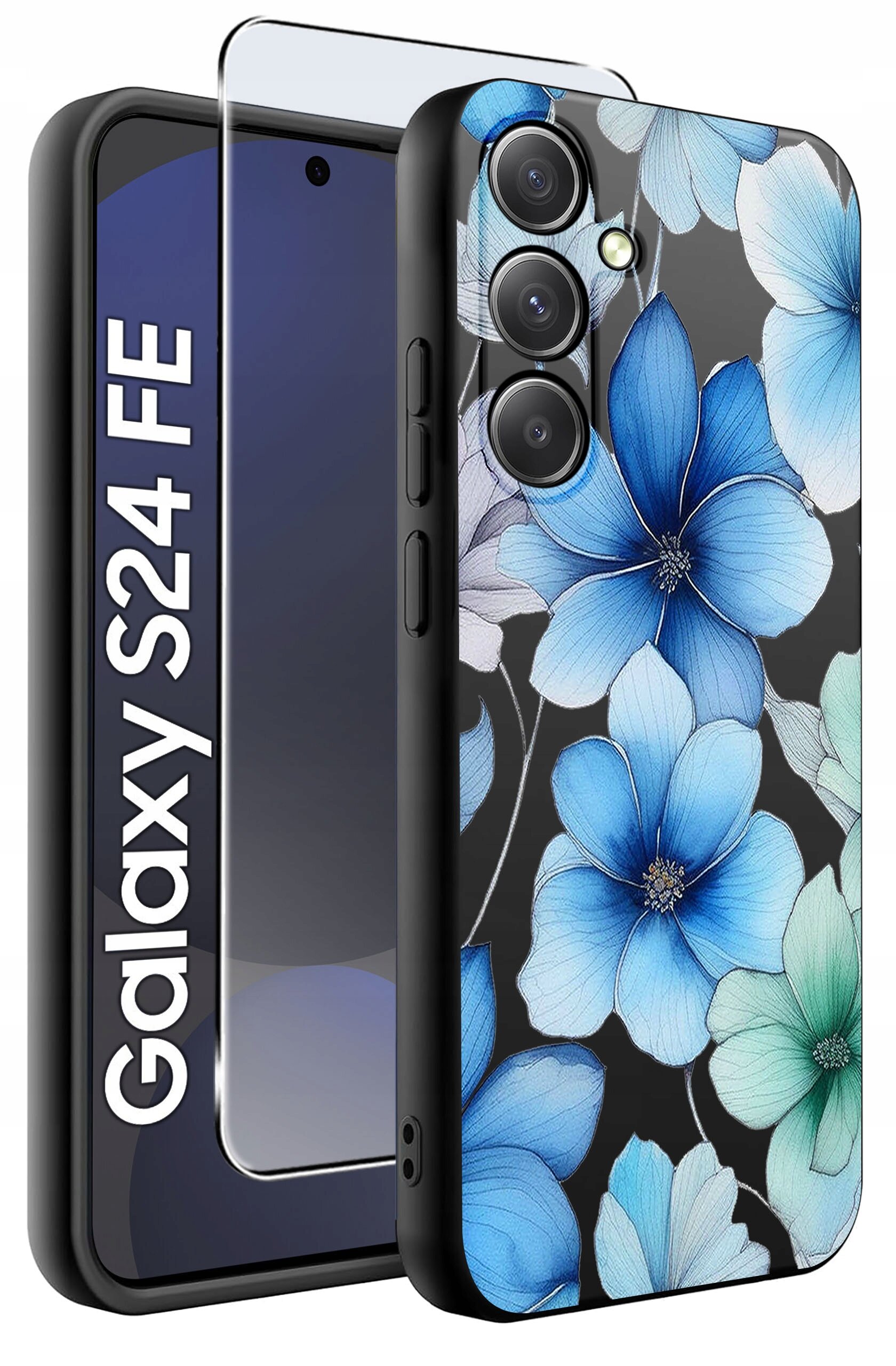 Obraz przedstawia etui na telefon z wzorem niebieskich kwiatów oraz szkło ochronne. Na ekranie telefonu widoczny jest napis \'Galaxy S24 FE\'.