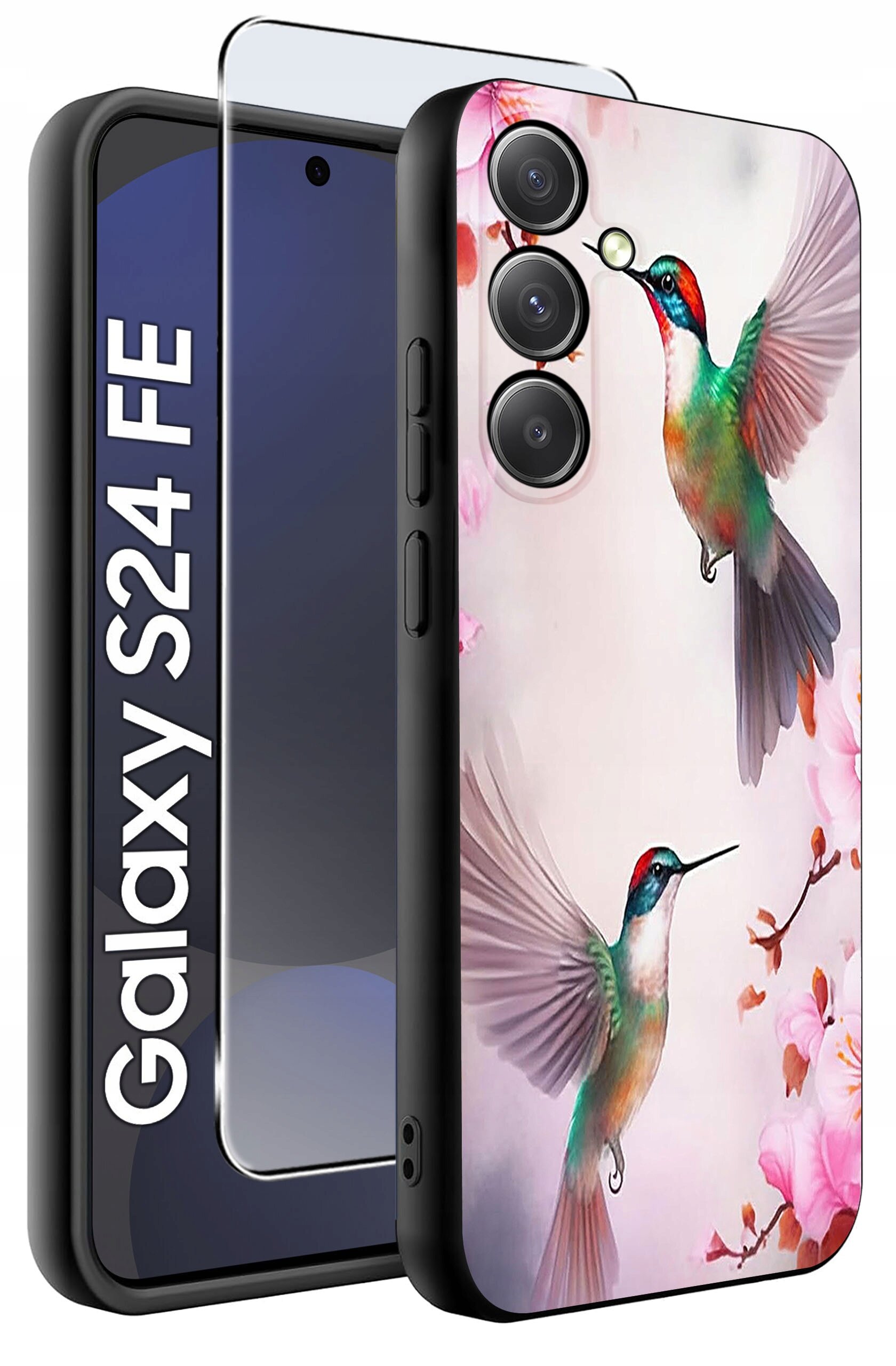 Obraz przedstawia etui na telefon z kolorowym wzorem kolibrów i kwiatów. Obok etui widoczna jest osłona ekranu oraz napis \'Galaxy S24 FE\'.