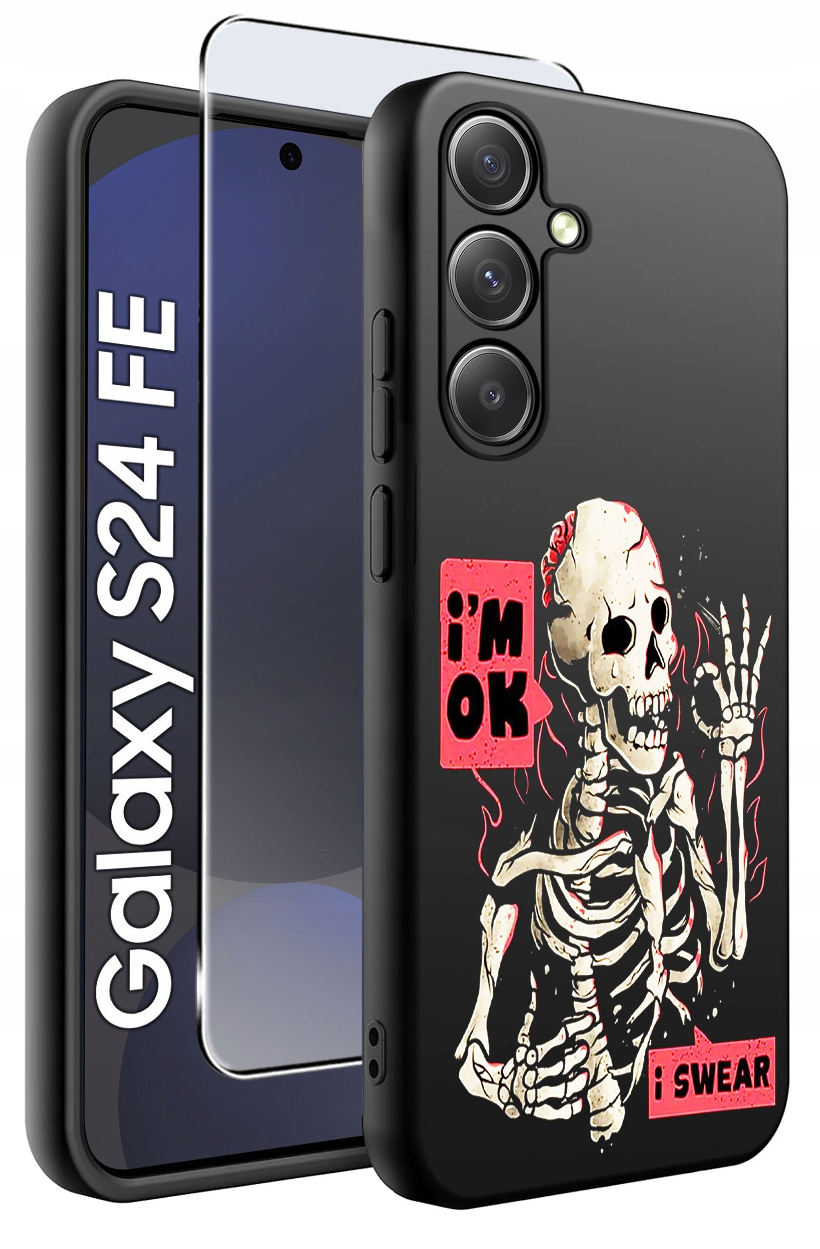 Obraz przedstawia etui na telefon z grafiką szkieletu oraz napisami \'i\'m OK\' i \'i SWEAR\'. Obok etui znajduje się szkło ochronne, a na ekranie telefonu widoczny jest napis \'Galaxy S24 FE\'.