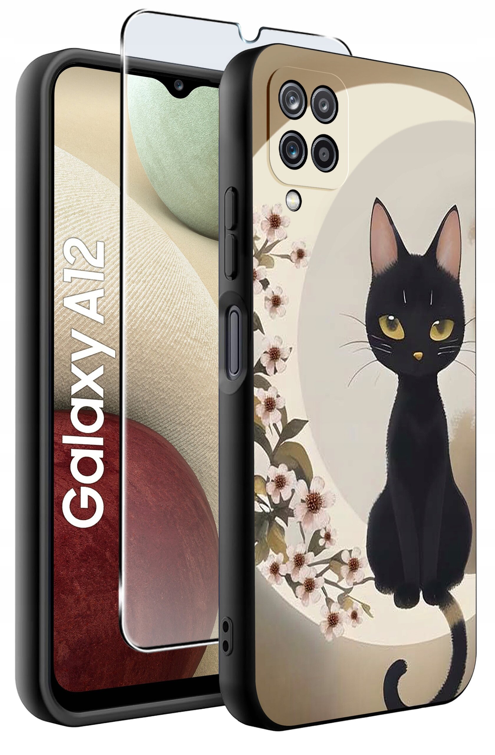 Etui na telefon z nadrukiem czarnego kota i kwiatów, obok znajduje się szkło ochronne. Na ekranie telefonu widoczny jest napis \'Galaxy A12\'.