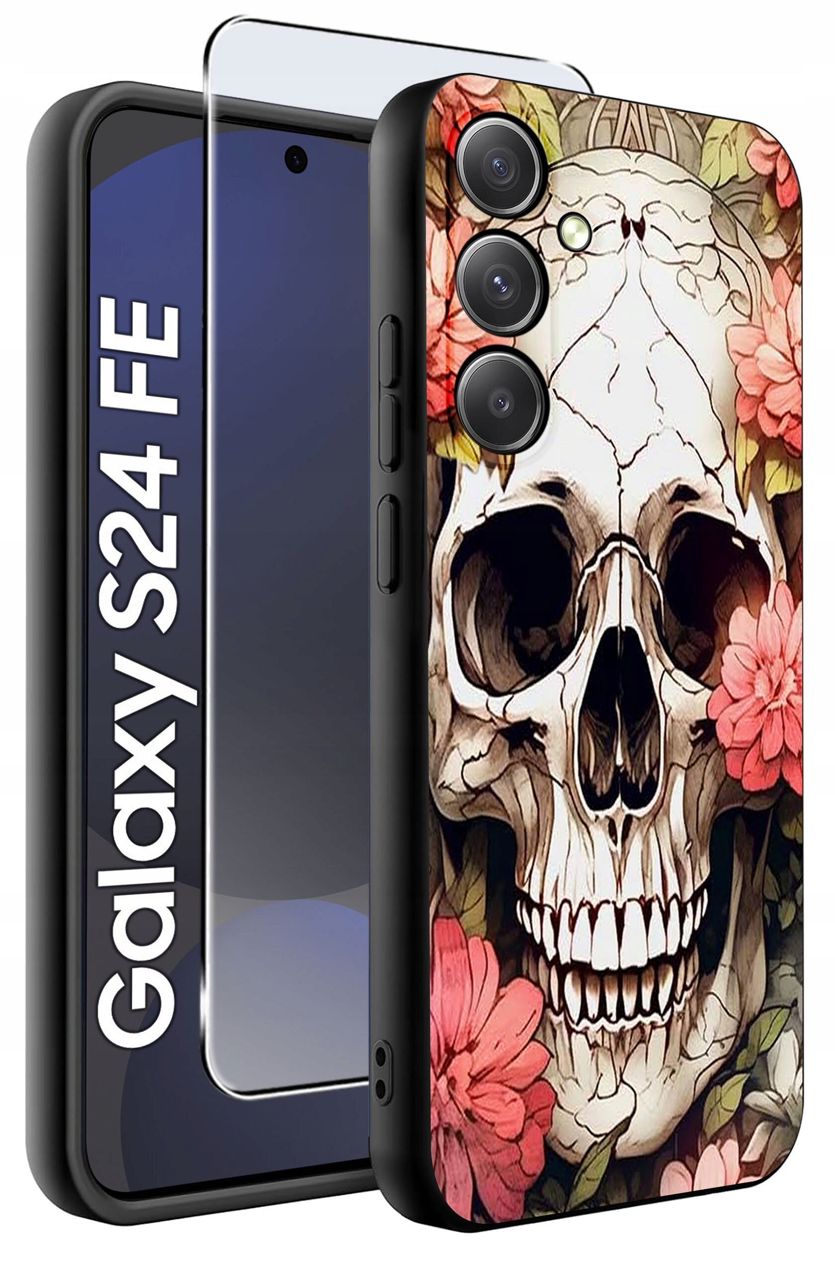 Etui na telefon z motywem czaszki otoczonej kwiatami, obok widoczny napis \'Galaxy S24 FE\'.