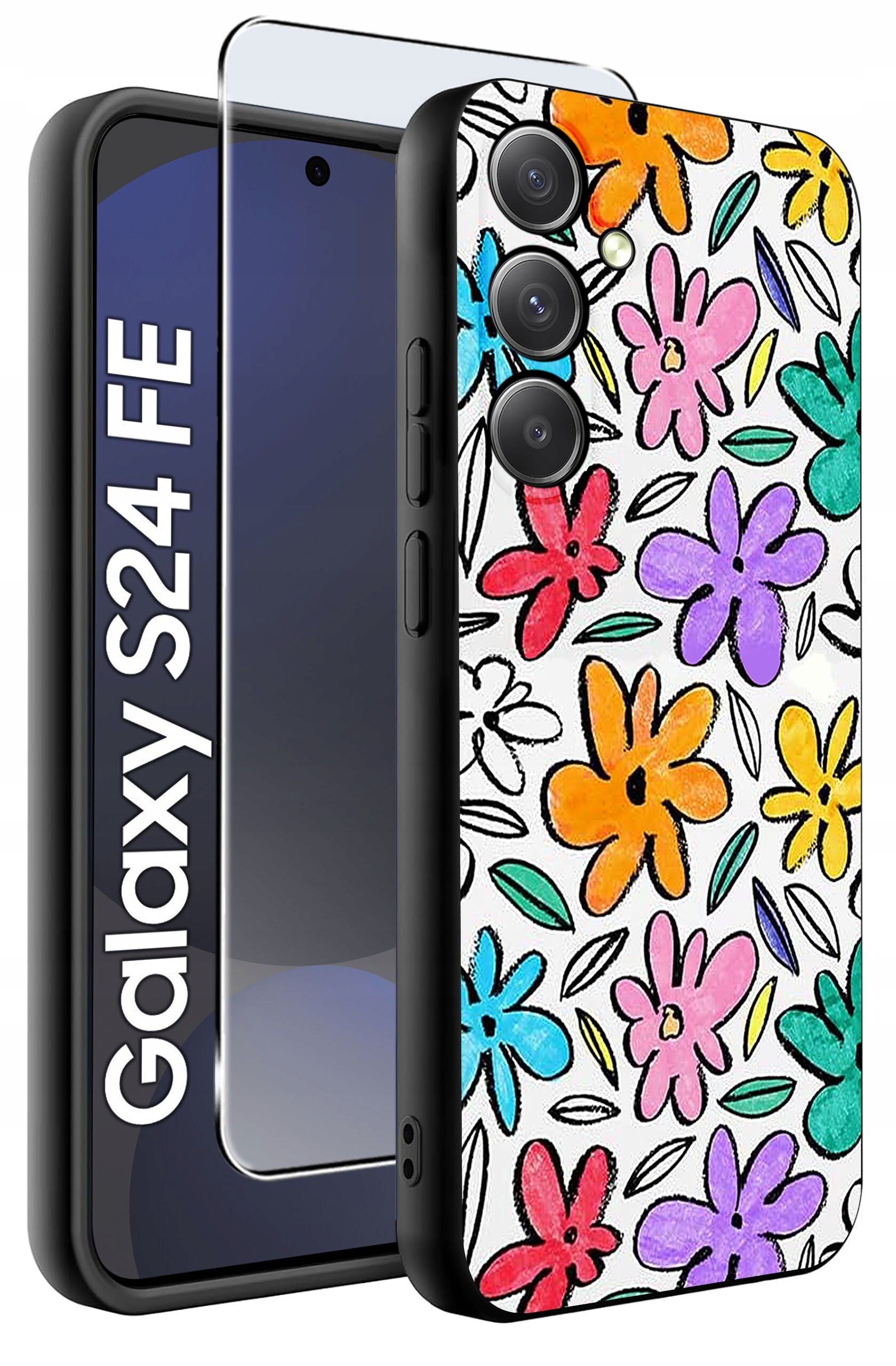Obraz przedstawia etui na telefon z kolorowymi kwiatowymi wzorami oraz szkło ochronne. Na ekranie telefonu widoczny jest napis \'Galaxy S24 FE\'.
